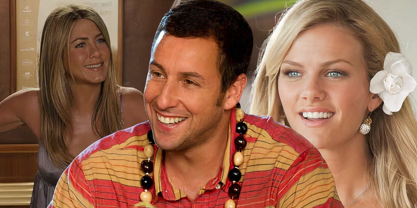 Un collage de Adam Sandler, Jennifer Aniston y Brooklyn Decker en Just Go With It