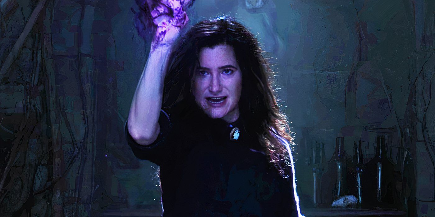 Agatha Harkness using her purple magic in WandaVision