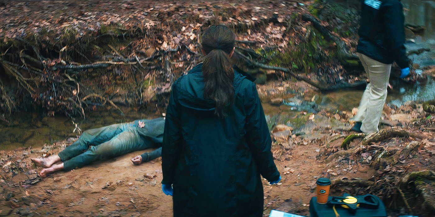 Agnes looking at body in the woods in Agatha All Along episode 1