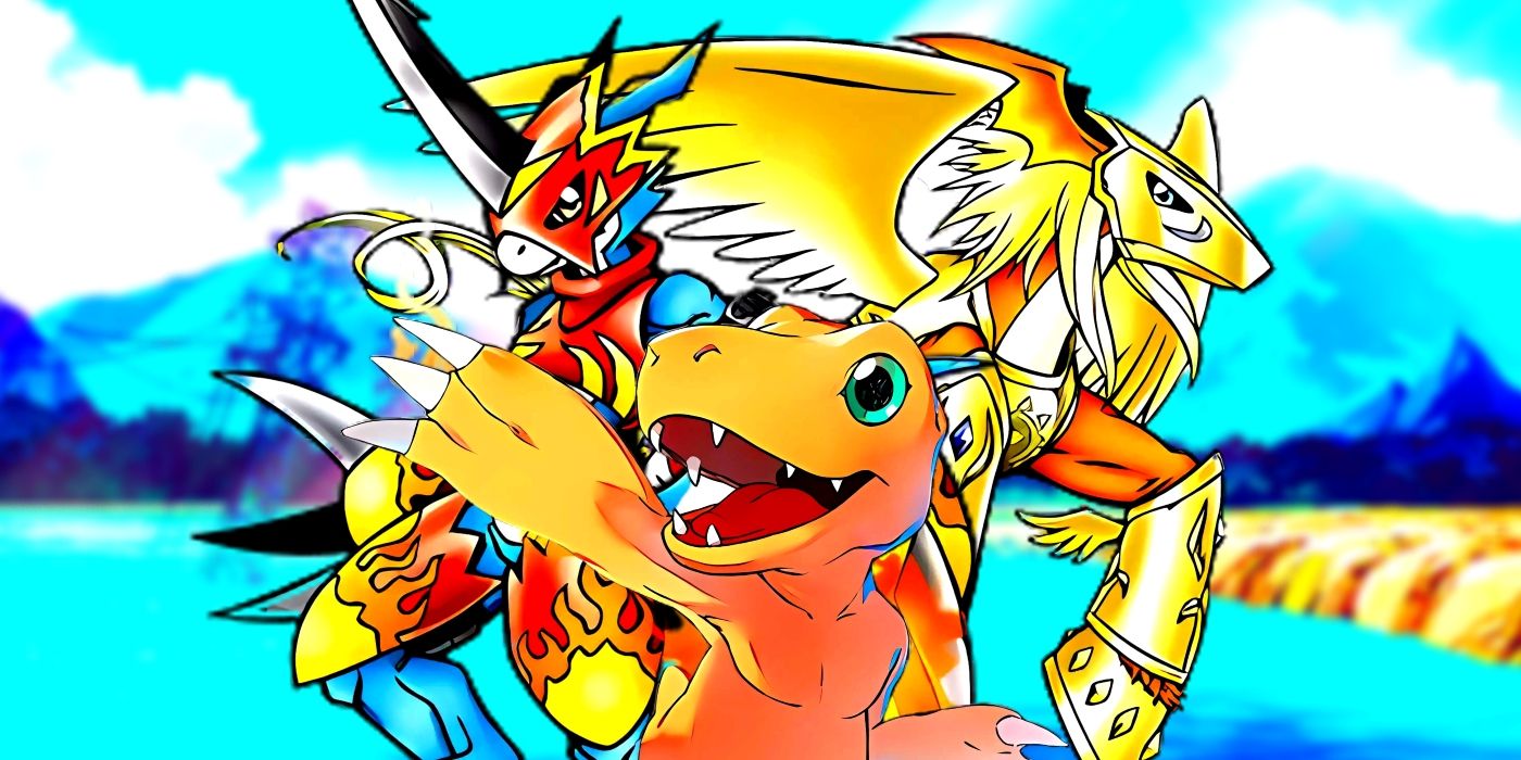 Agumon, Flamedramon, and Pegasusmon standing one in front of the other. The beach of File Island can be seen behind them. 