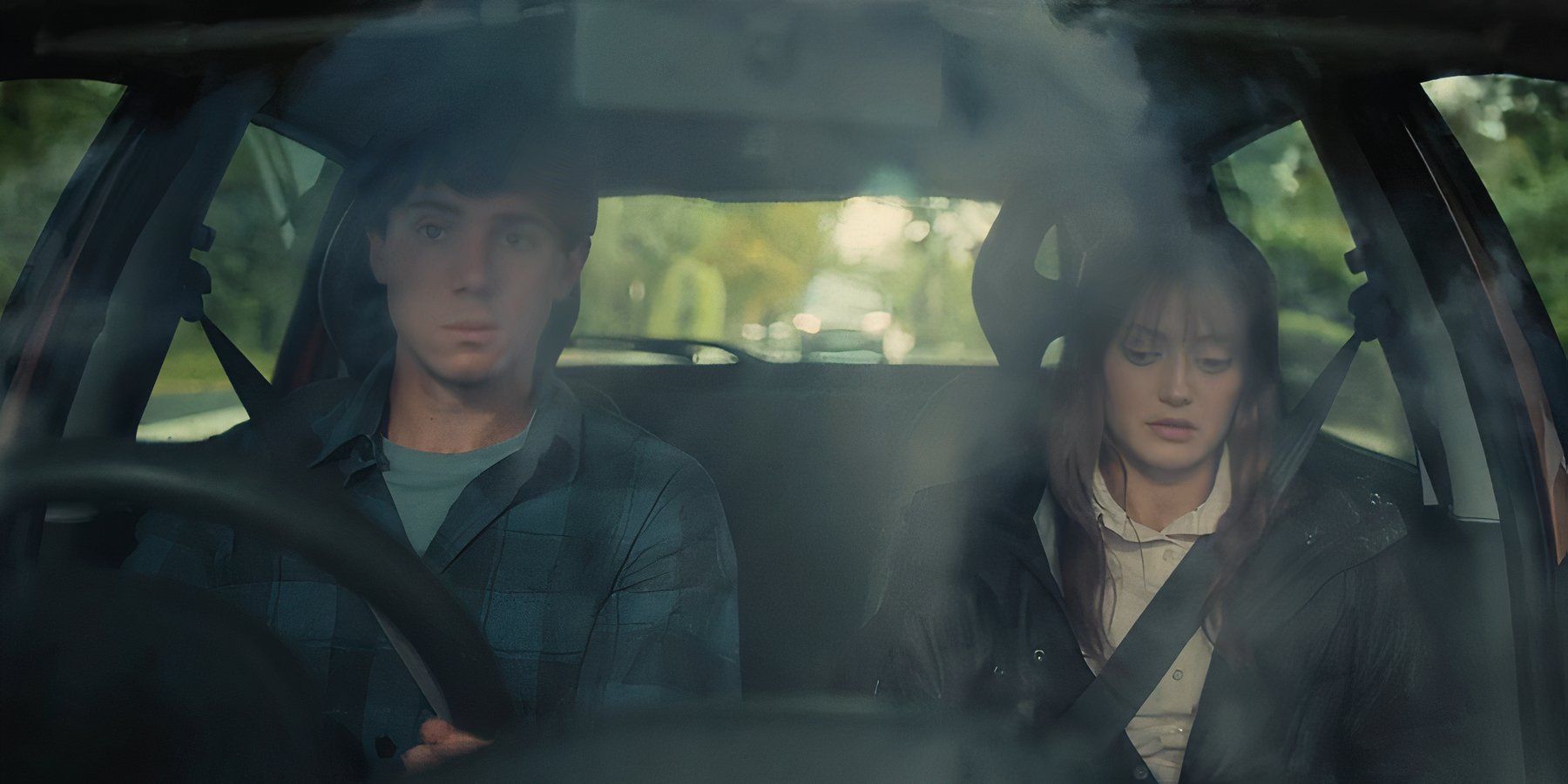 AJ (Calam Lynch) and Rhiannon (Ella Purnell) talking in the car in Sweetpea episode 2