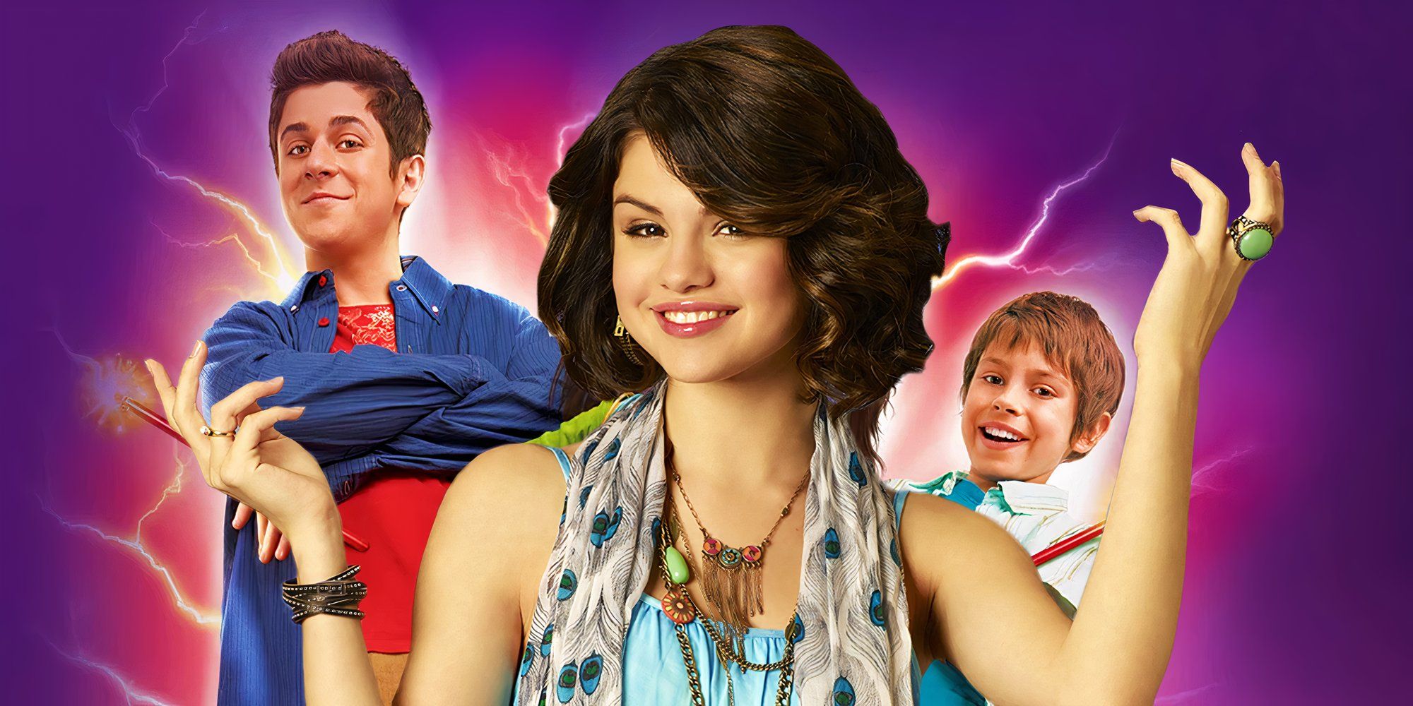 Selena Gomez as Alex Russo above a poster for Wizards of Waverly Place (2007-2012) featuring David Henrie and Jake T. Austin as Justin and Max Russo respectively