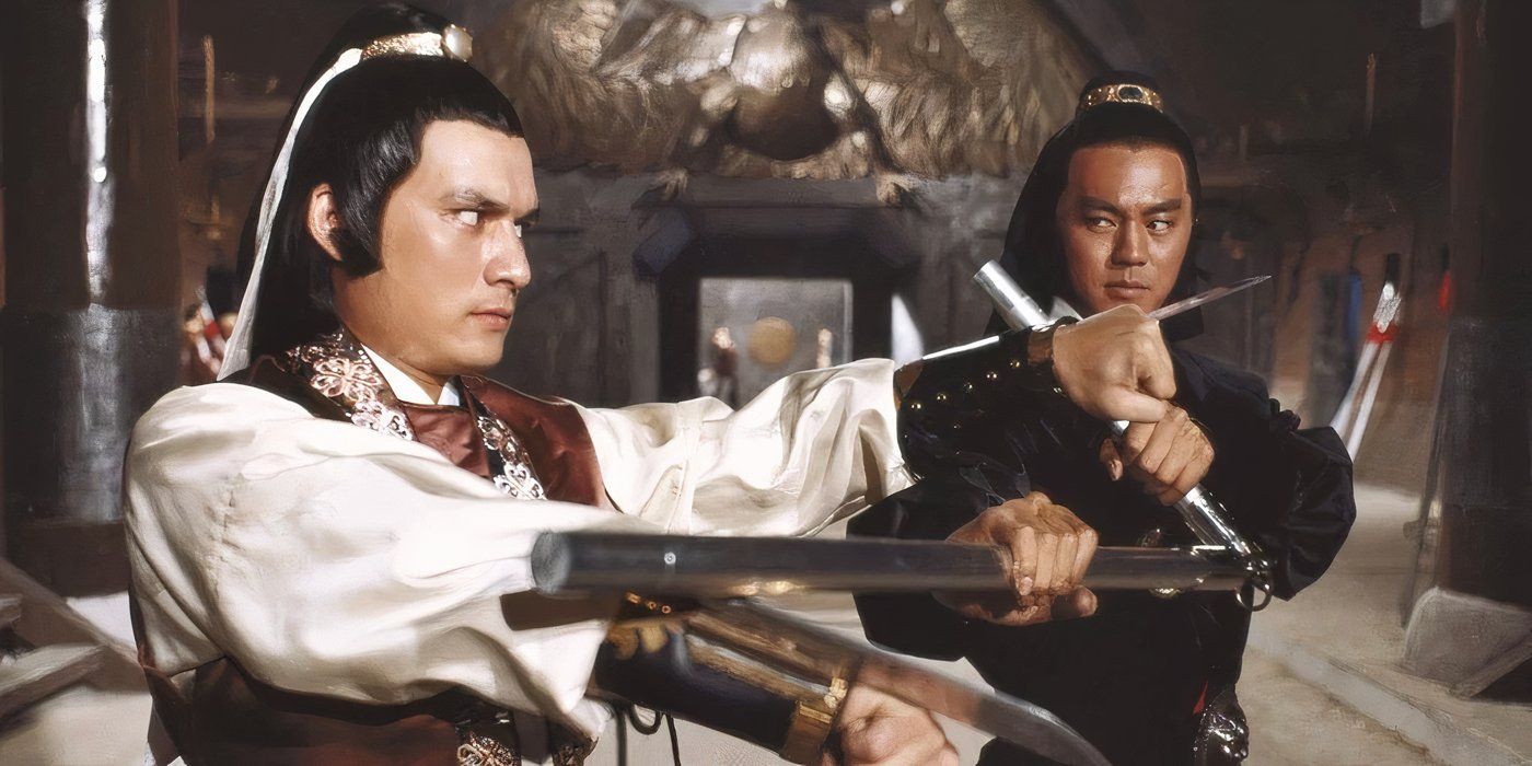 Alexander Fu Sheng and Ti Lung stand in fighting positions. 