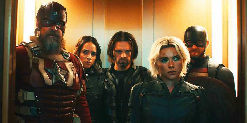 Alexei Shostakov, Ava Starr, Bucky Barnes, Yelena Belova and John Walker in an elevator in Thunderbolts*