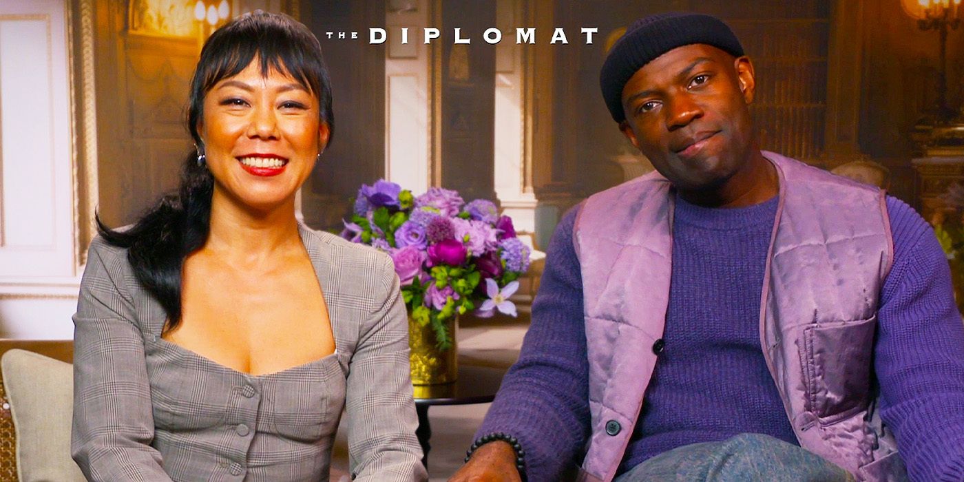 Ali Ahn & David Gyasi smiling during The Diplomat season 2 interview