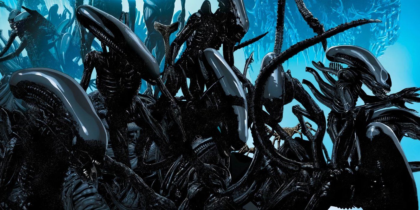 Uma horda de Xenomorfos subindo uns nos outros em Alien.