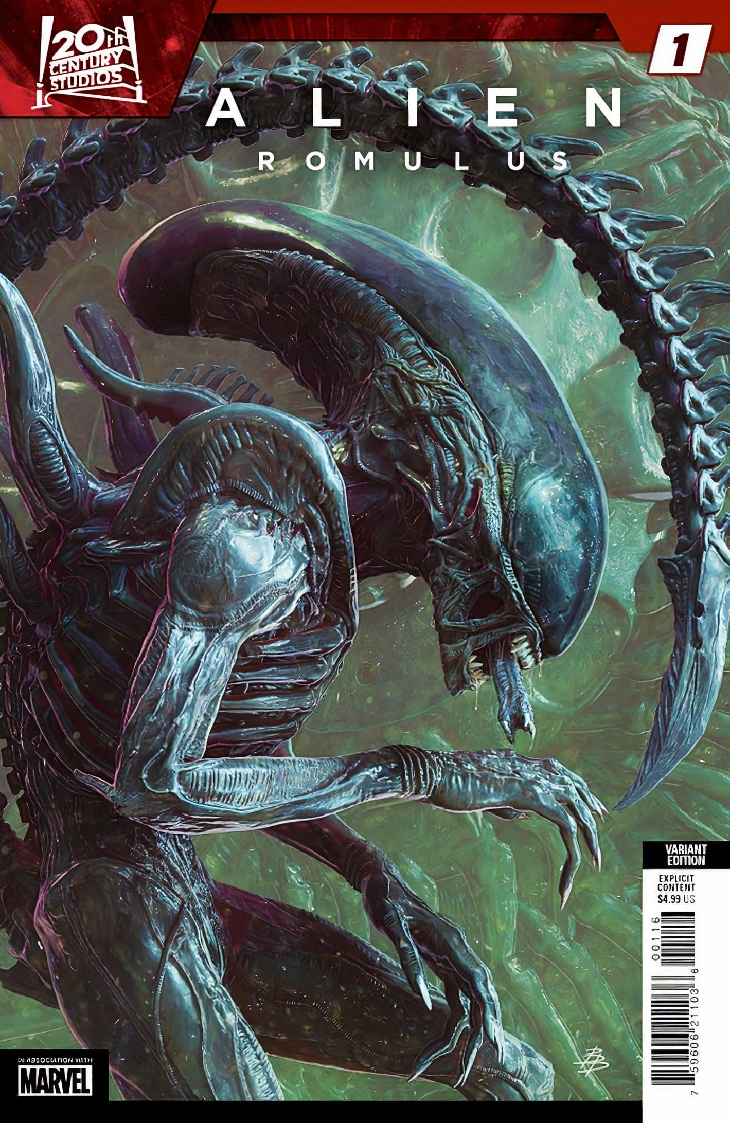 Capa da variante Alien Romulus # 1, retrato de um Xenomorfo de um ângulo lateral 