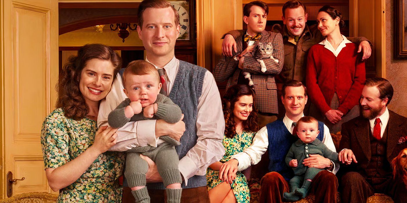 A composite image of James and Helen holding their baby in front of the cast of All Creatures Great and Small sitting on a couch together.