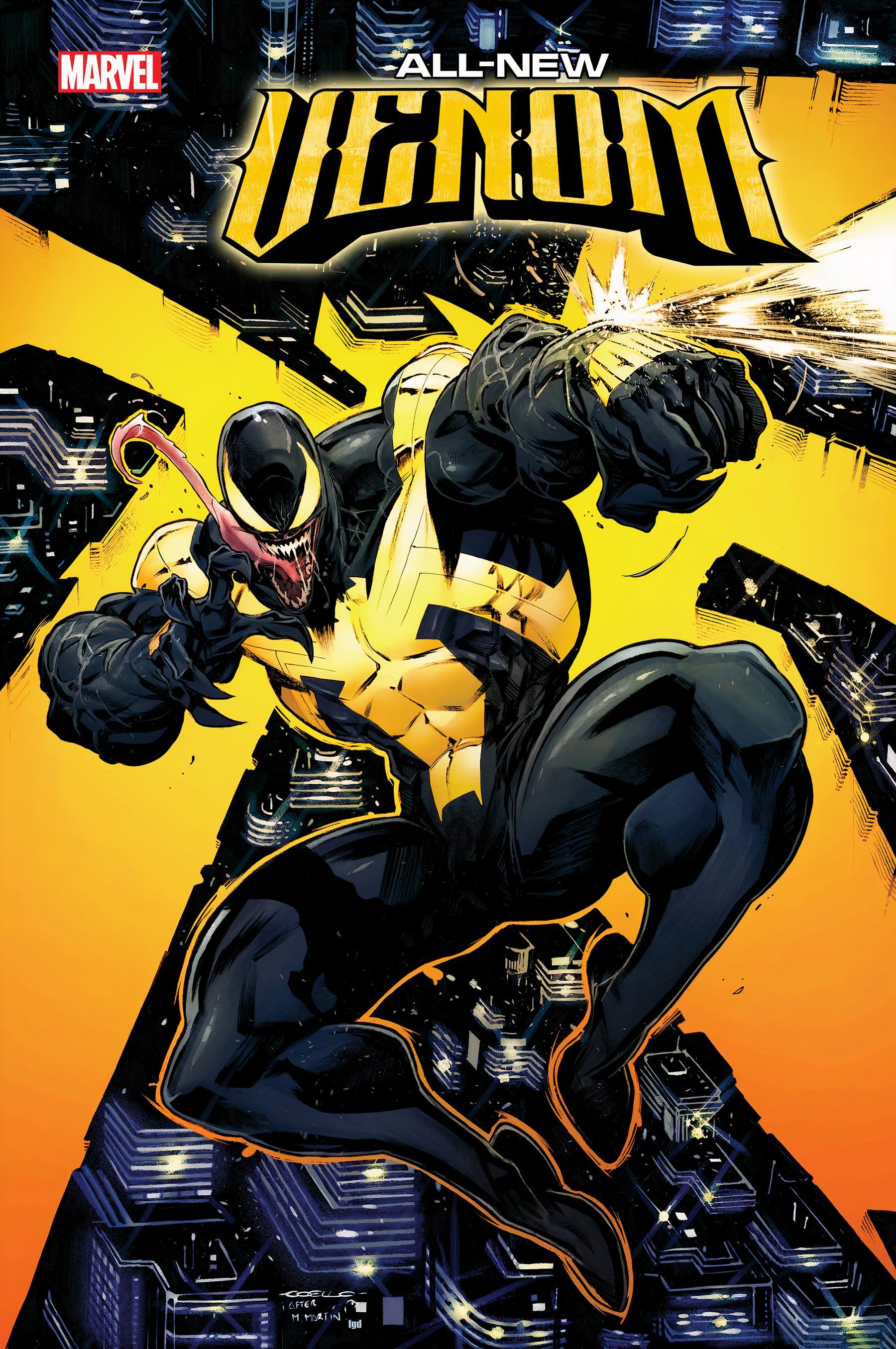 Nova capa variante do Venom com Golden Venom balançando por Nova York