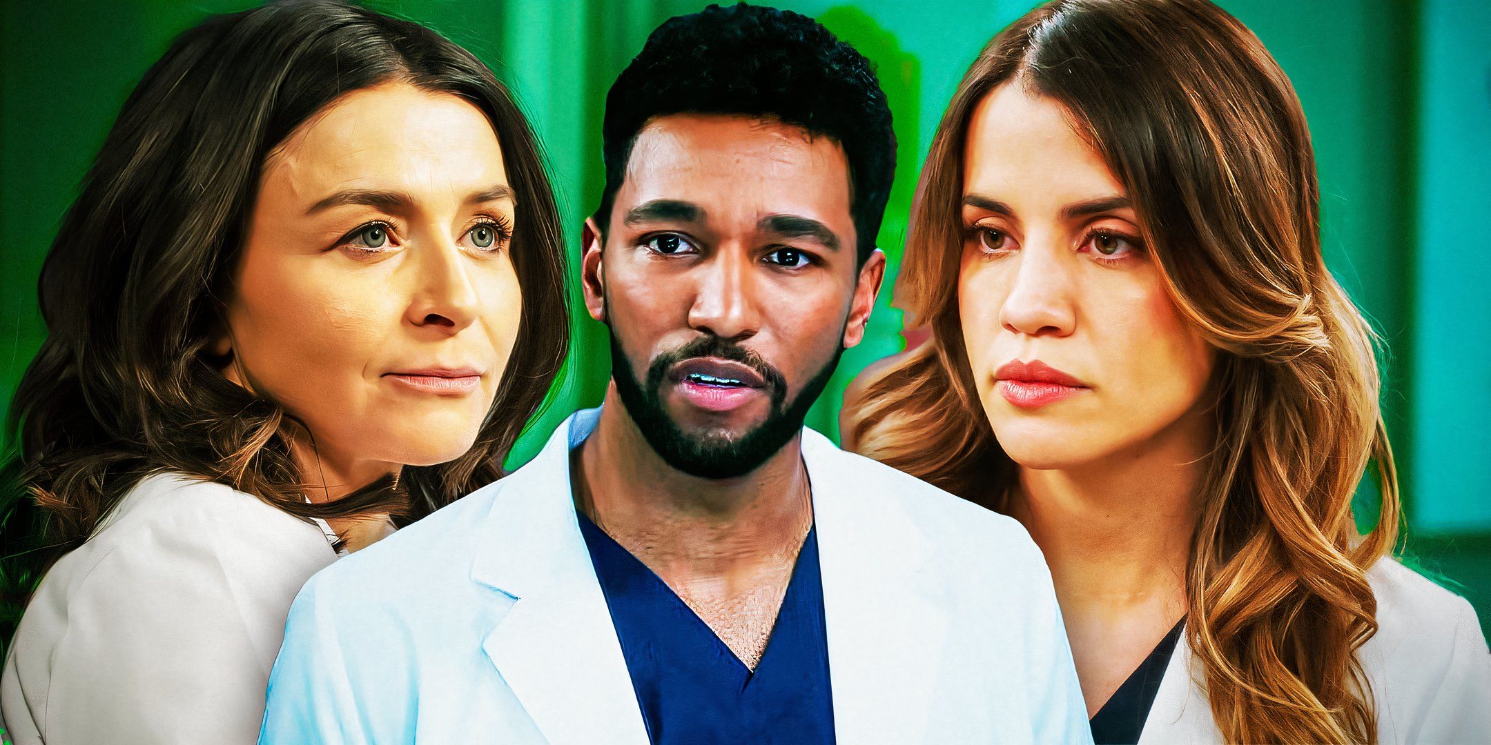 Caterina Scorsone as Amelia, Anthony Hill as Winston and Natalie Morales as Monica in Grey's Anatomy