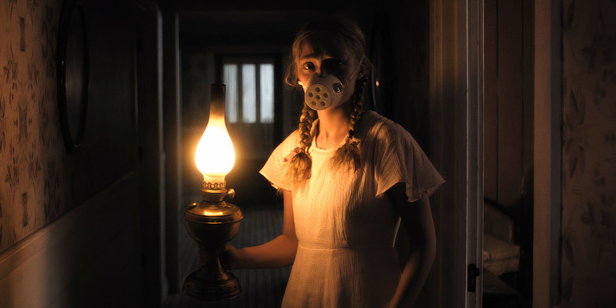 Amiah Miller as Rose looking afraid while wearing a mask and holding a lantern in Hold Your Breath