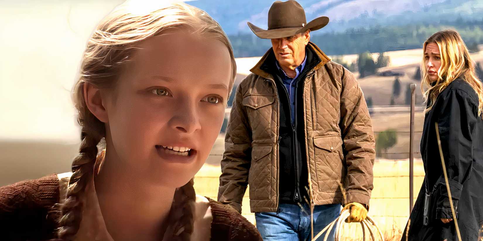 Amiah Miller from Hold Your Breath talking tersely toward Kevin Costner's John and Piper Perabo's Summer in Yellowstone