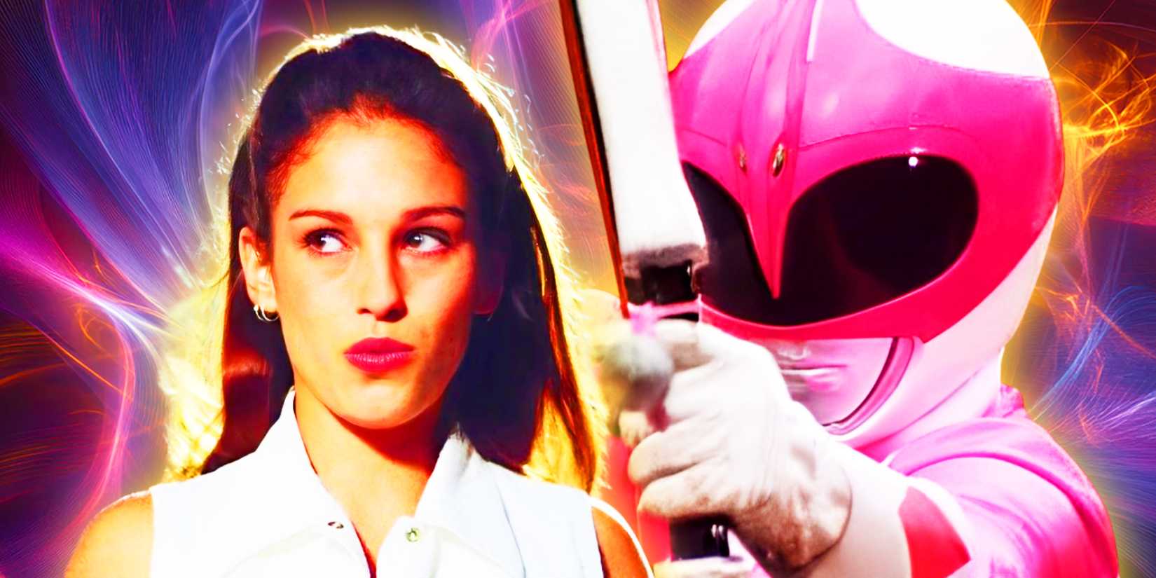 Amy Jo Johnson as Kimberly and the Pink Ranger in costume in Mighty Morphin Power Rangers