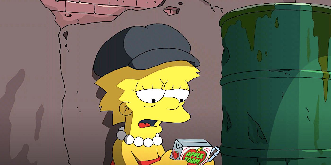 Una Lisa cansada mira fijamente un cartón de jugo en un callejón oscuro en la temporada 36 de Los Simpson.