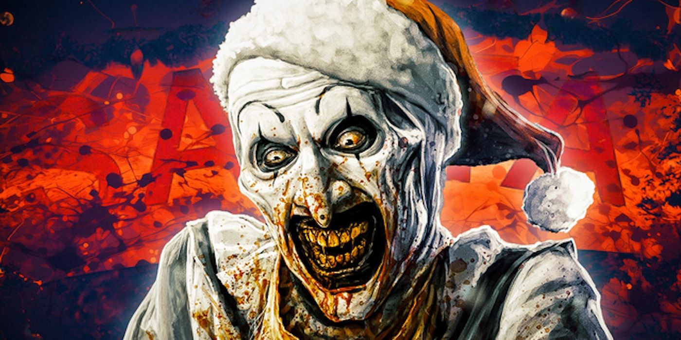 An illustration of Terrifier 3's Art the Clown on a red background