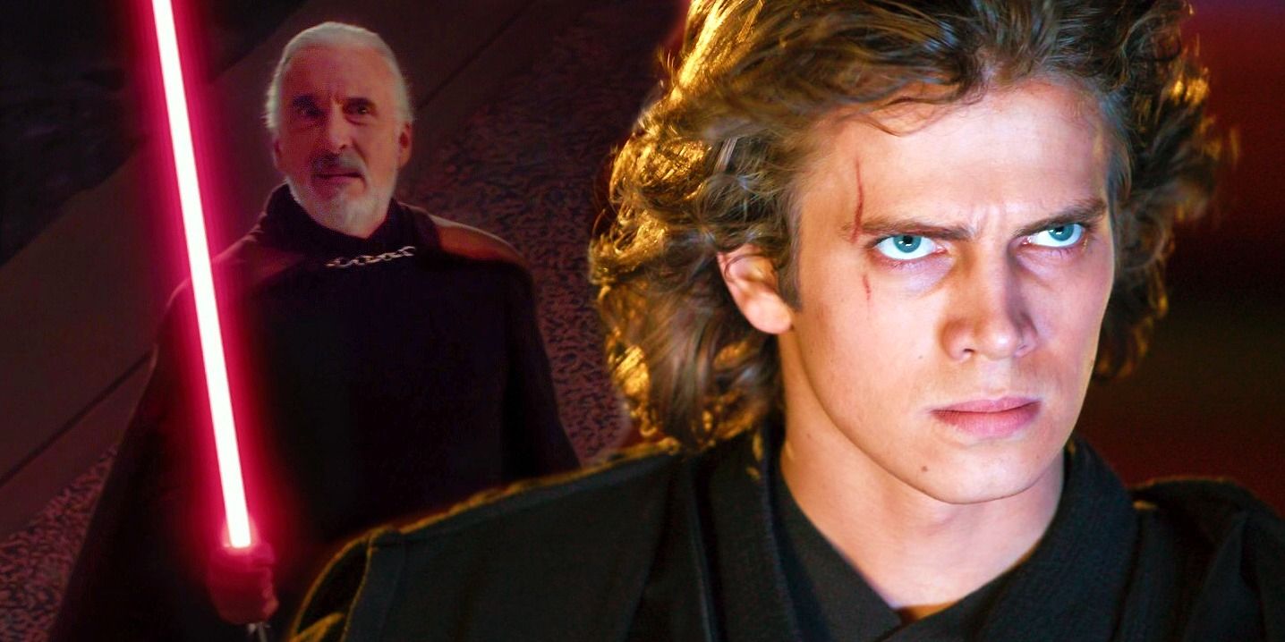 Anakin in Revenge of the Sith glaring angrily to the right and Count Dooku holding his red lightsaber in Attack of the Clones to the left in a combined image