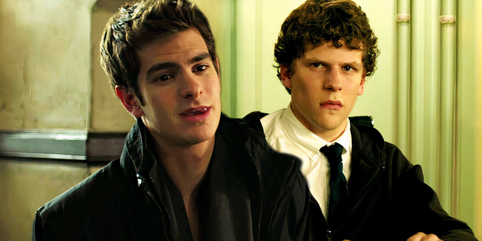 Andrew Garfield as Eduardo while Jesse Eisenberg looks upset as Mark Zuckerberg in The Social Network