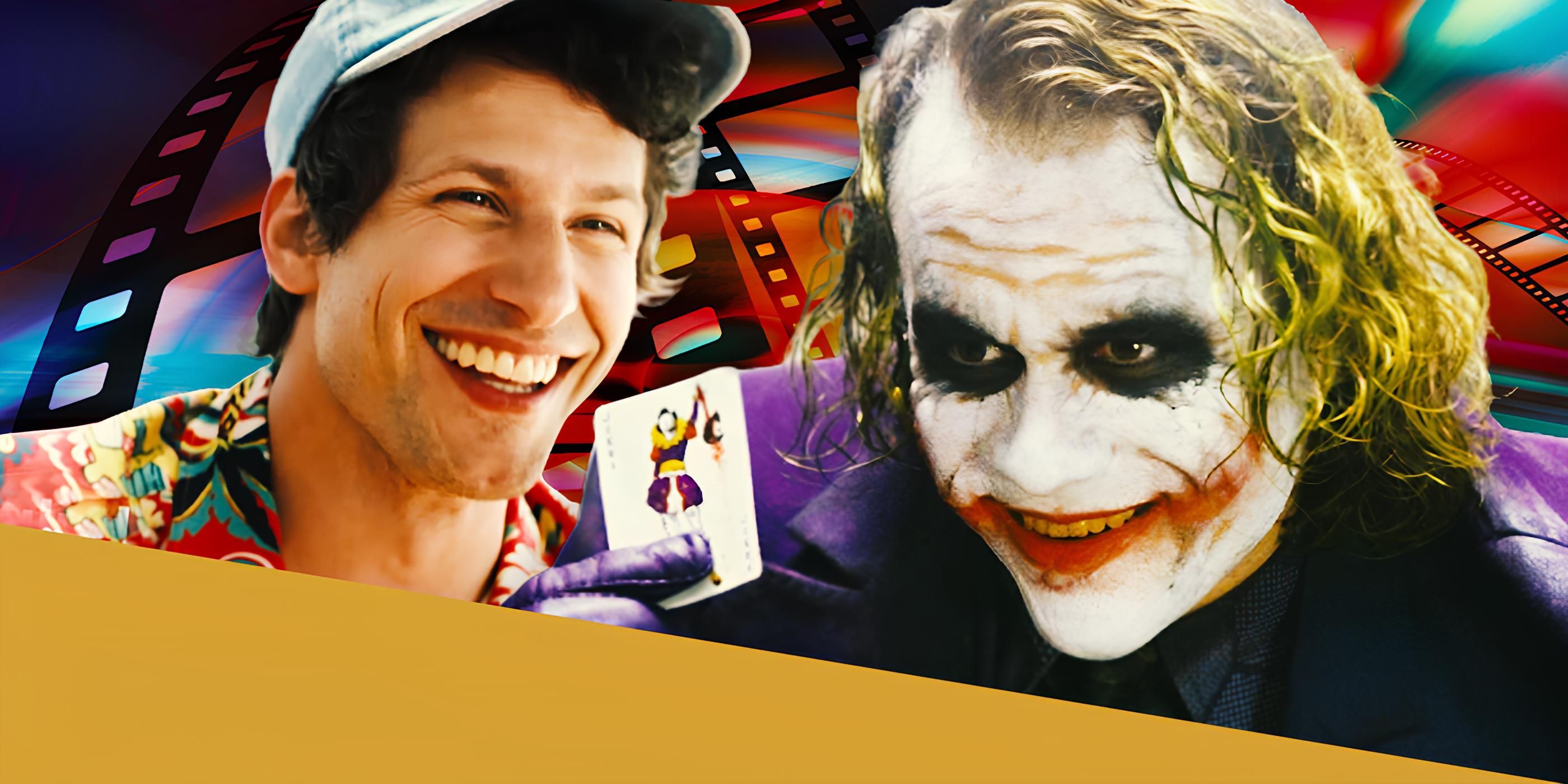 Andy Samberg in palm Springs Next to Heath Ledger as the Joker in The Dark Knight in Front of Film Strips