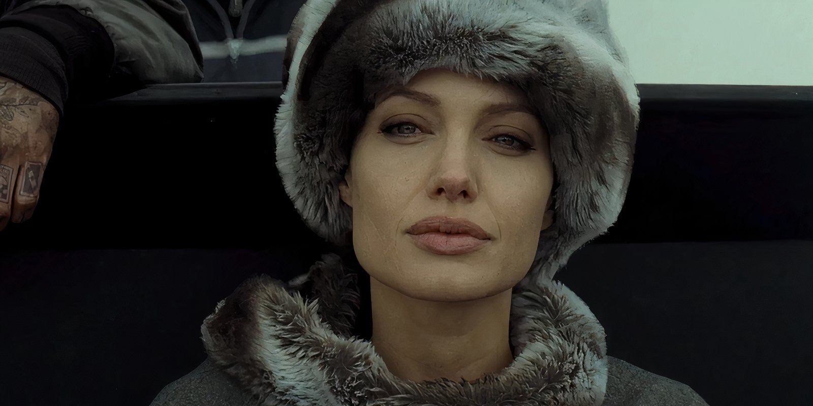 Angelina Jolie wearing a fur cap as Evelyn Salt in Salt