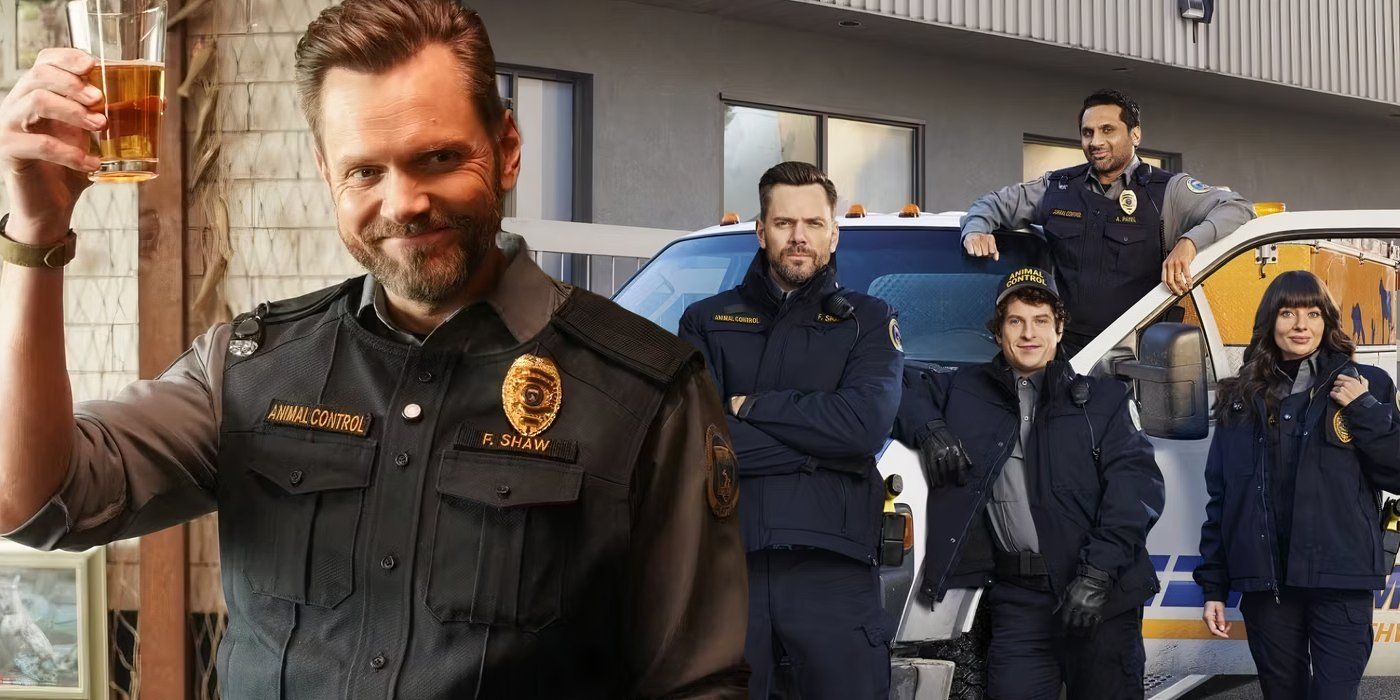 A composite image of Joel McHale holding a glass and smiling in front of the cast of Animal Control posing with a truck