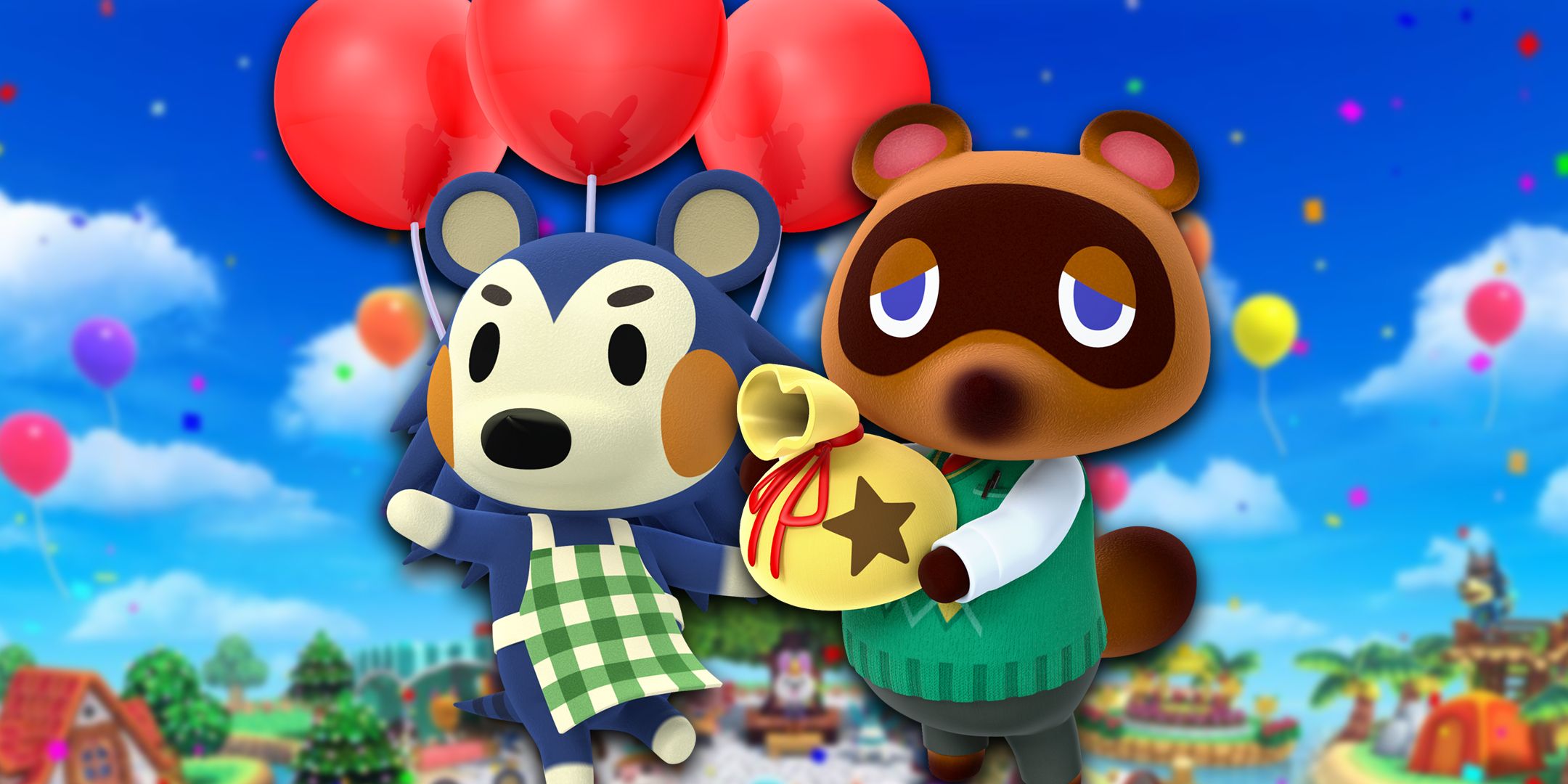 Personagens de Animal Crossing, Mabel e Tom Nook, em frente à arte do Festival Amiibo.