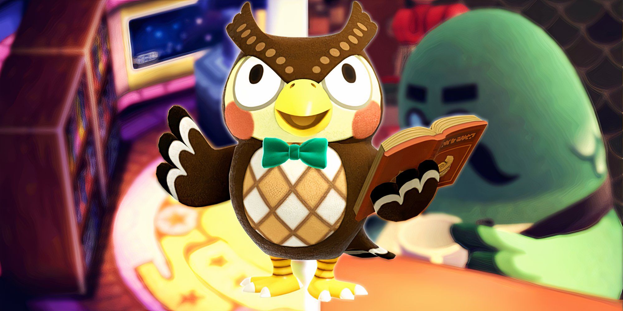 Animal Crossing's Blathers the owl holding a book and smiling, with Celeste's Obsarvatory and The Roost in the background