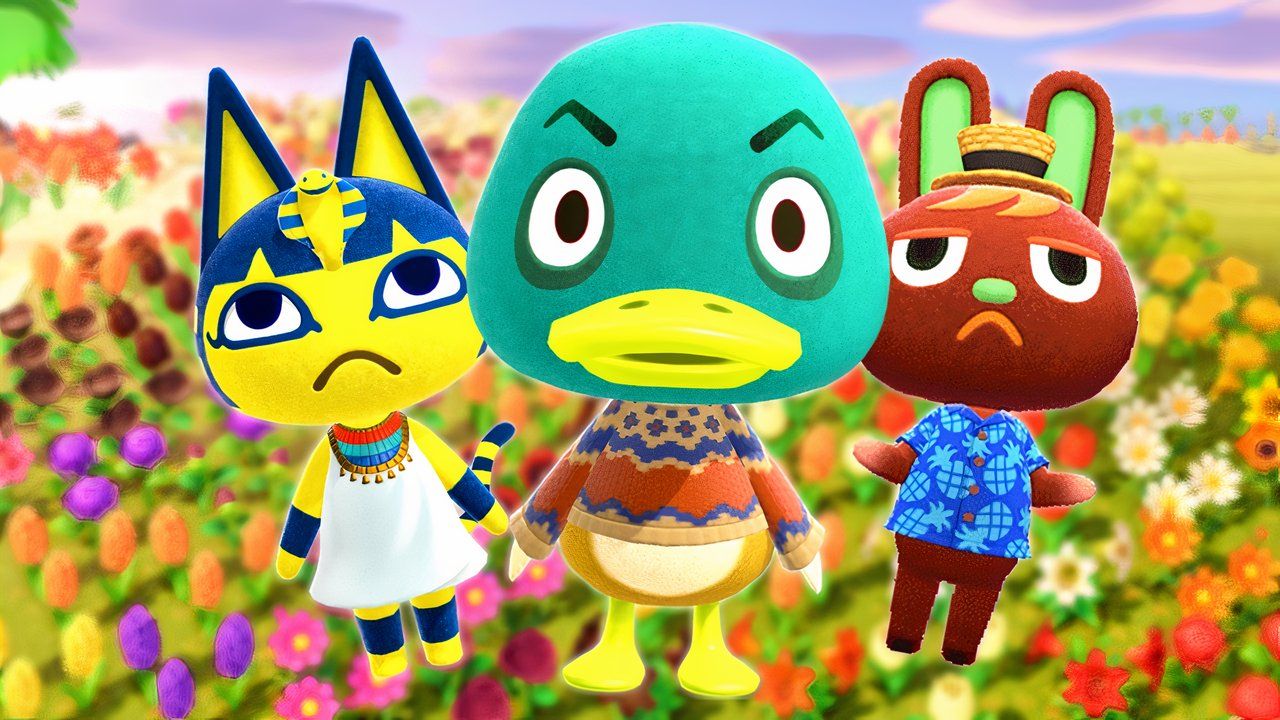 Animal Crossing frowning villagers over a field of flowers