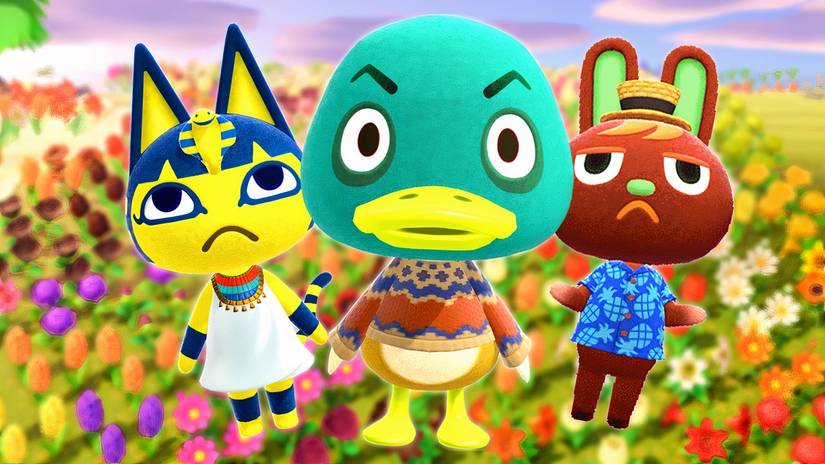 Animal Crossing frowning villagers over a field of flowers