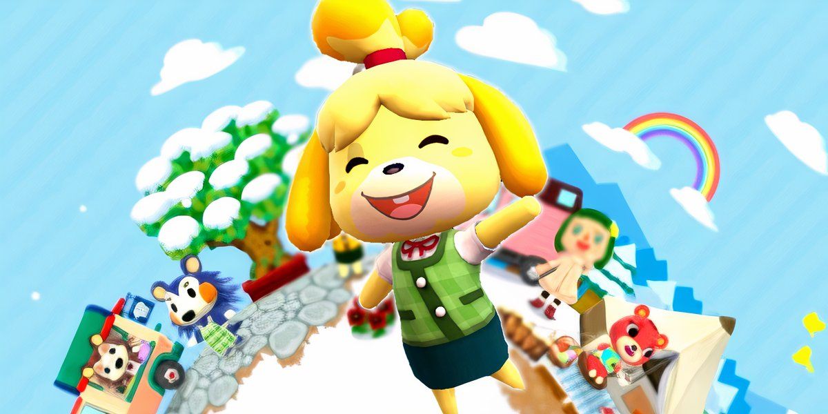 Isabelle smiling and waving over a screenshot of Animal Crossing Pocket Camp