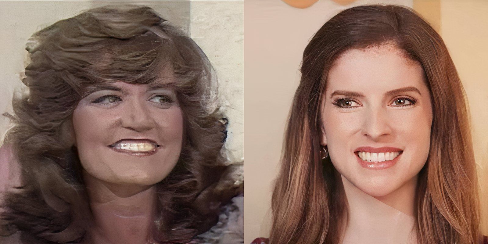 Anna Kendrick as Sheryl Bradshaw in Woman of the Hour and the real Cheryl Bradshaw in The Dating Game