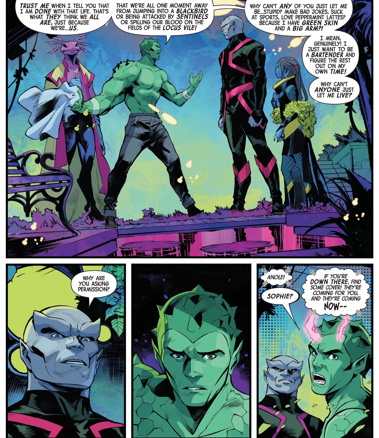 El ex X-Men Anole se enfrenta a Caliban y los Morlocks. 