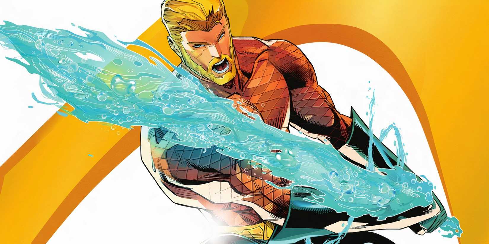 Comic book art: Aquaman Poses with a Water Sword in front of his logo.