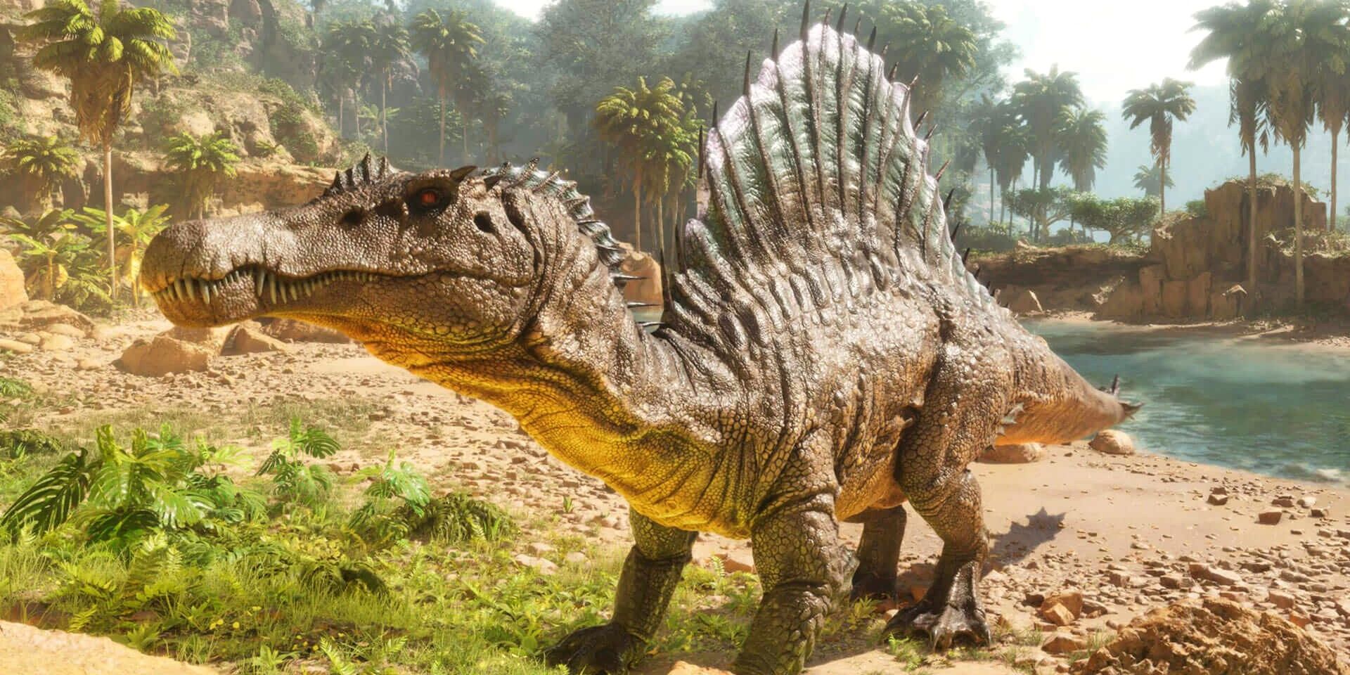 Ark: Survival Ascended Spinosaurus parado perto de um rio.