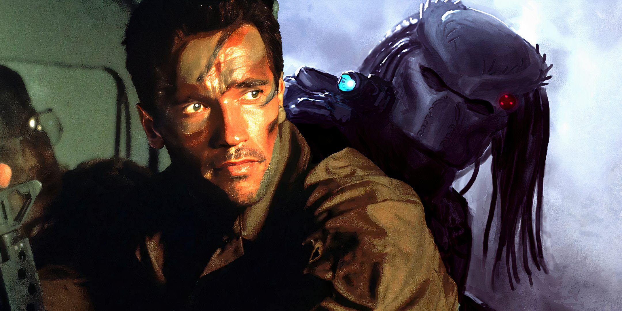 Arnold Schwarzenegger as Dutch looking to the left with a Predator looking over his shoulder in Predator