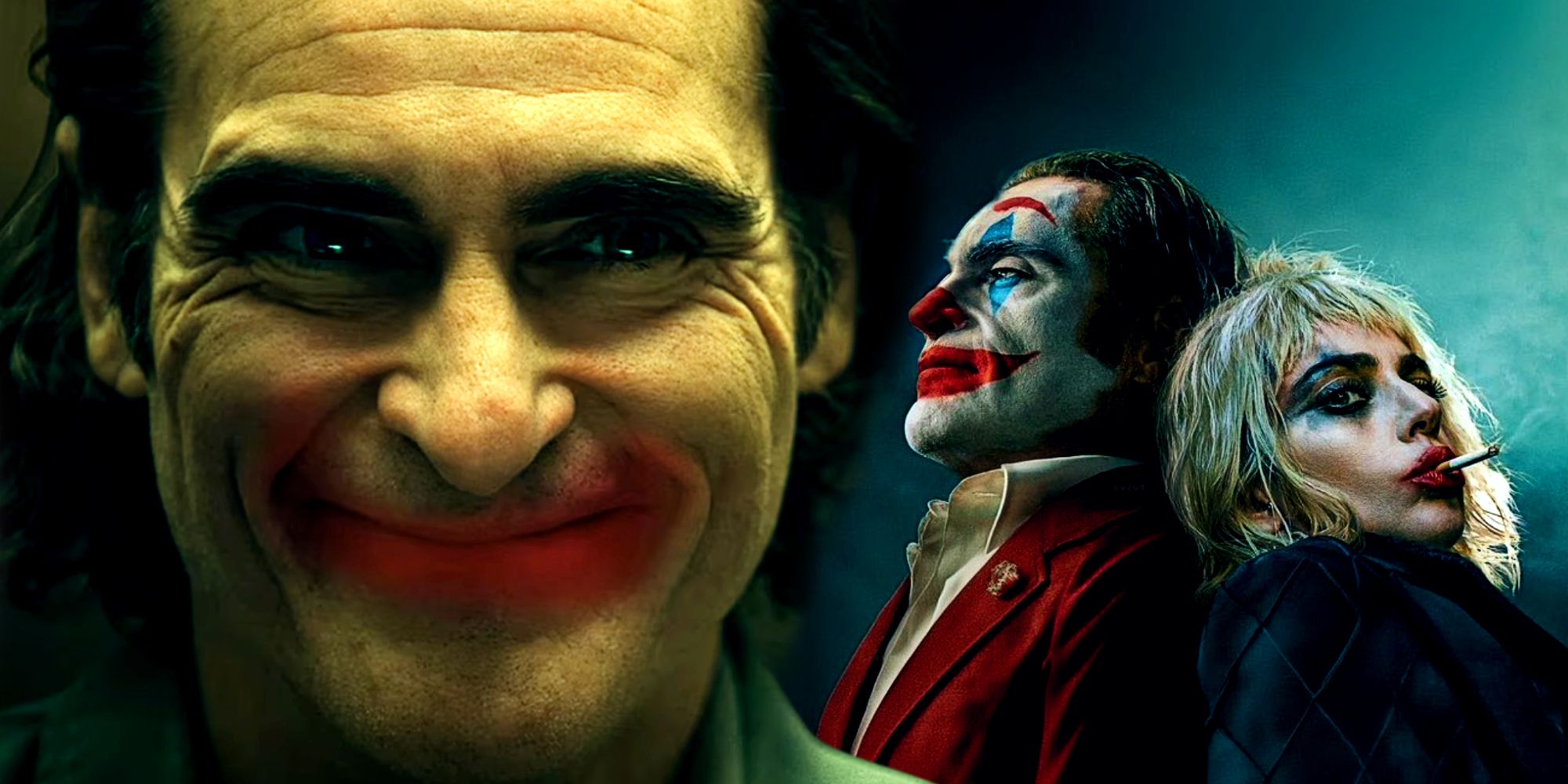 Arthur Fleck tersenyum dengan lipstik merah di wajahnya dan Harley Quinn merokok di samping Joker di Joker Folie a Deux