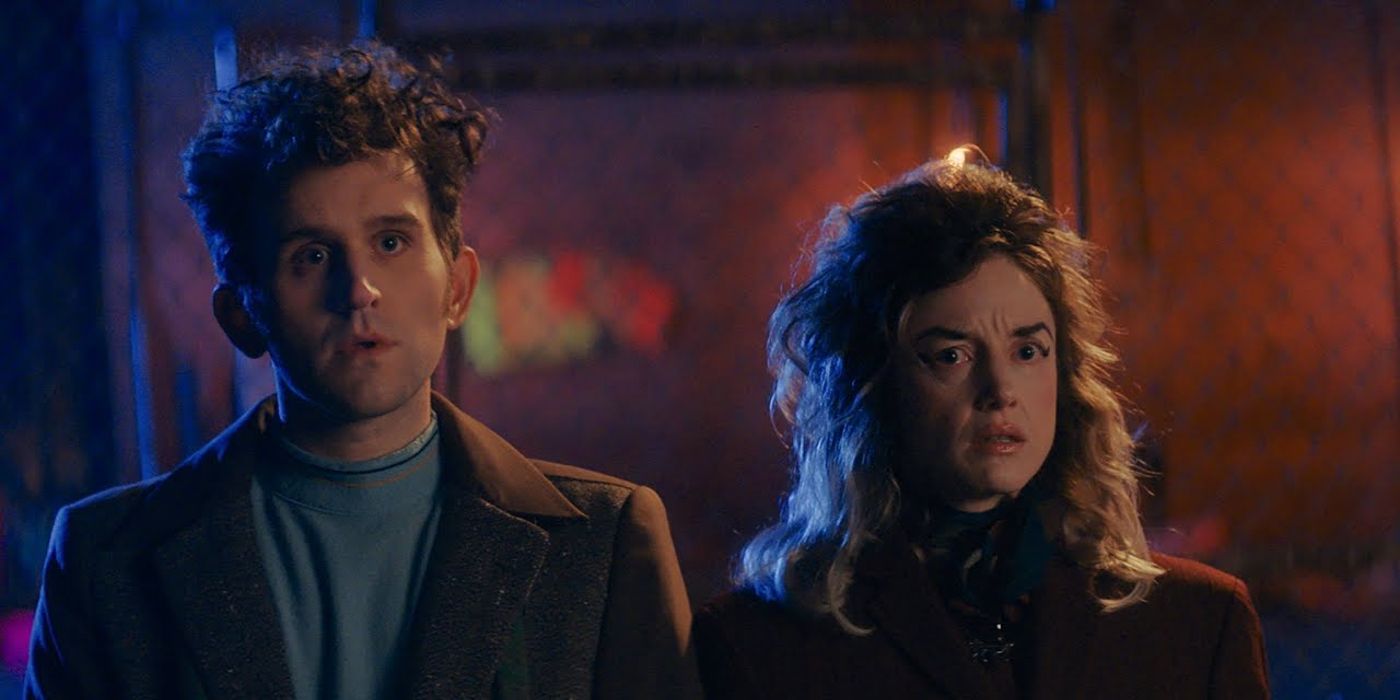 Arthur (Harry Melling) and Suze (Andrea Riseborough) looking shocked in Please Baby Please.