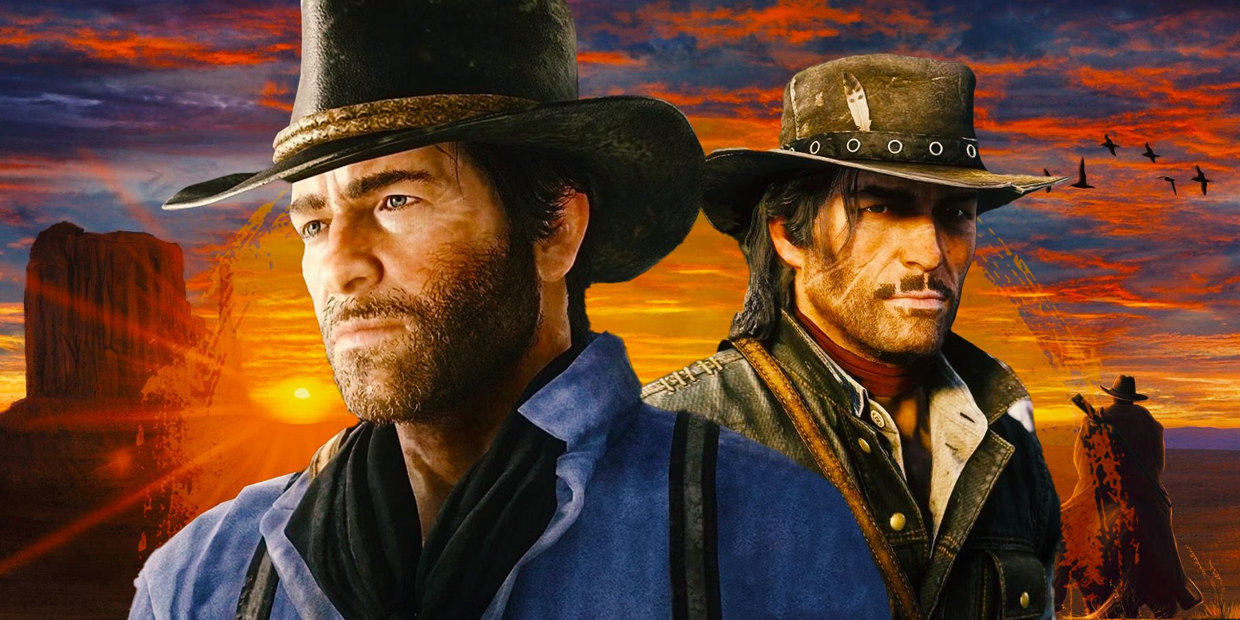 Arthurt Morgan and John Marsten from Red Dead Redemption 2 in front of a sunset