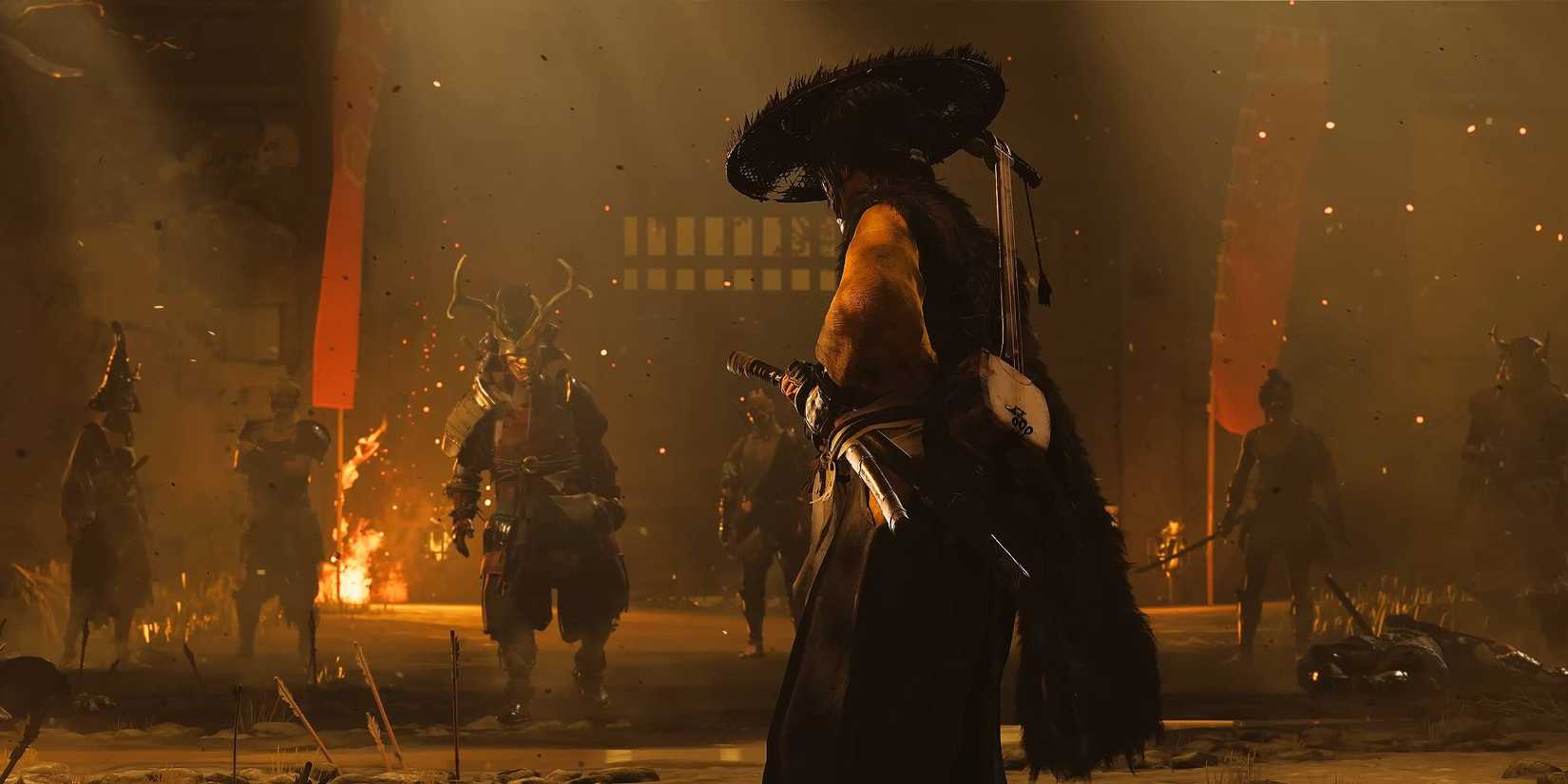 Atsu confronting enemy samurai in a cutscene in Ghost of Yotei.