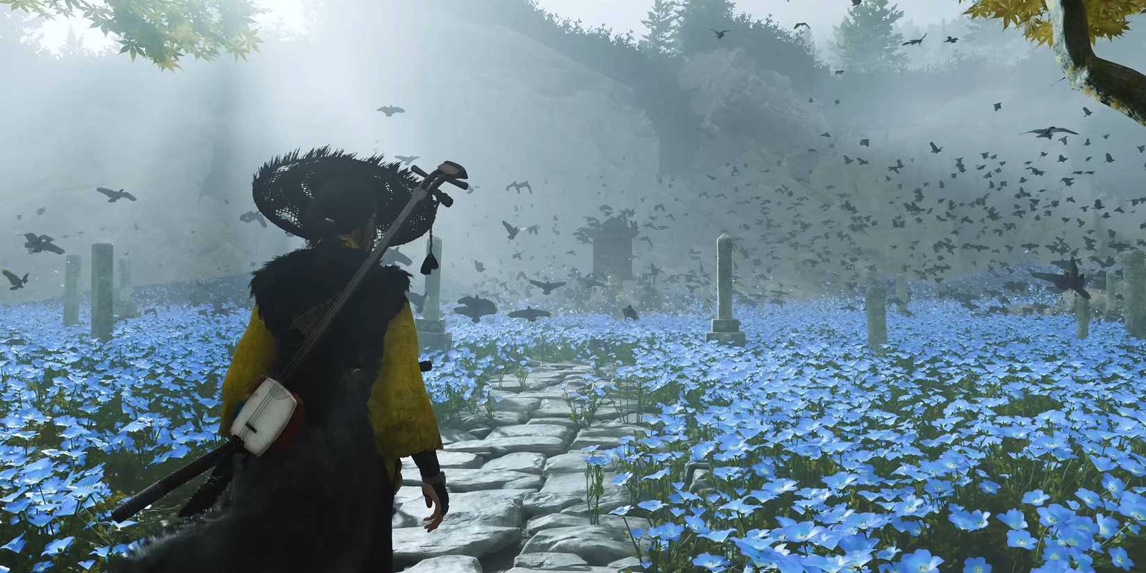 Atsu walking through a field of blue flowers near a graveyard in Ghost of Yotei.