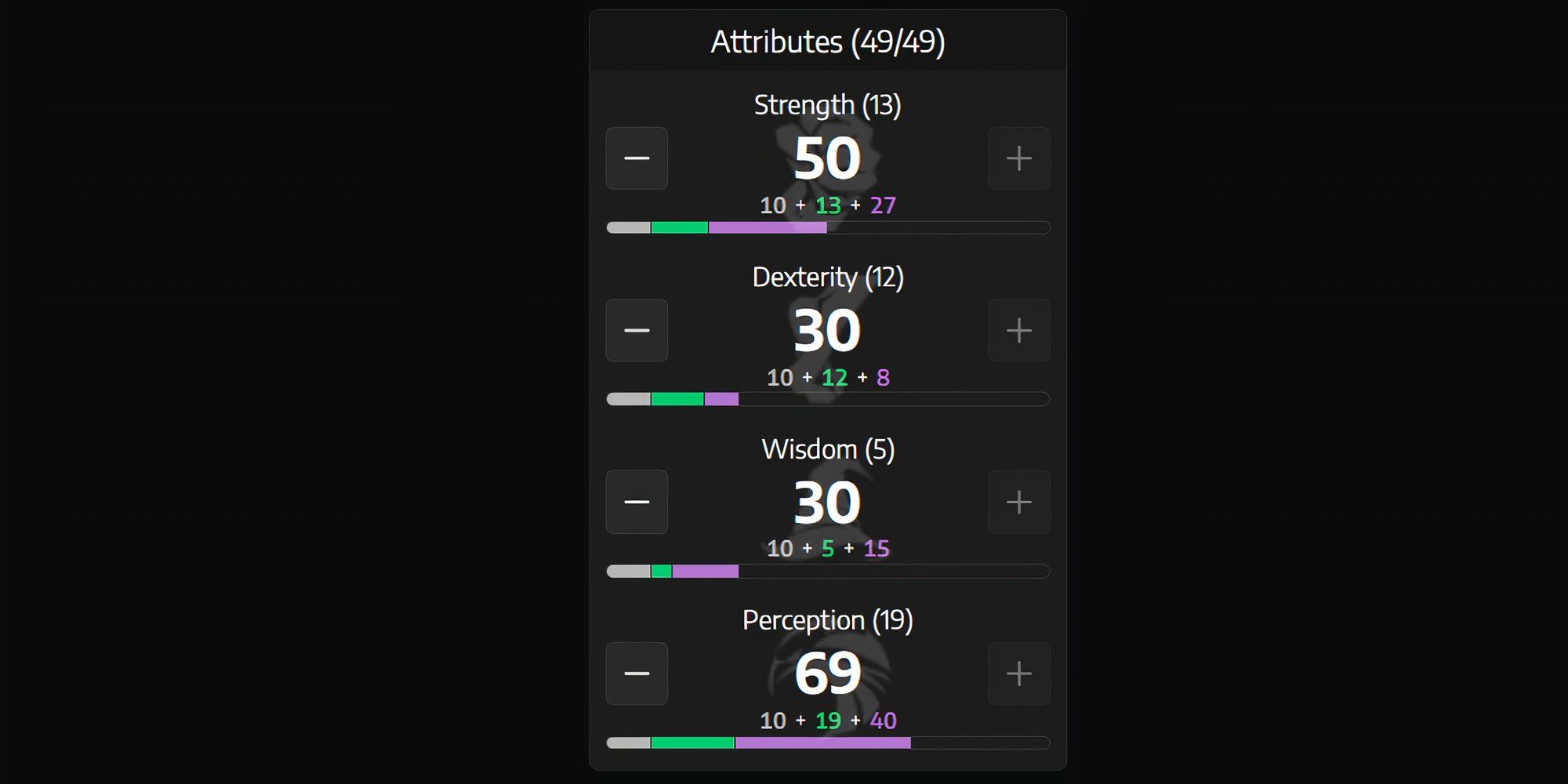 Attribute Breakdown for the Dagger and Staff Build in Throne and Liberty. The green numbers are the attribute points spent on that attribute and the purple numbers represent the bonuses from equipped gear and items. 