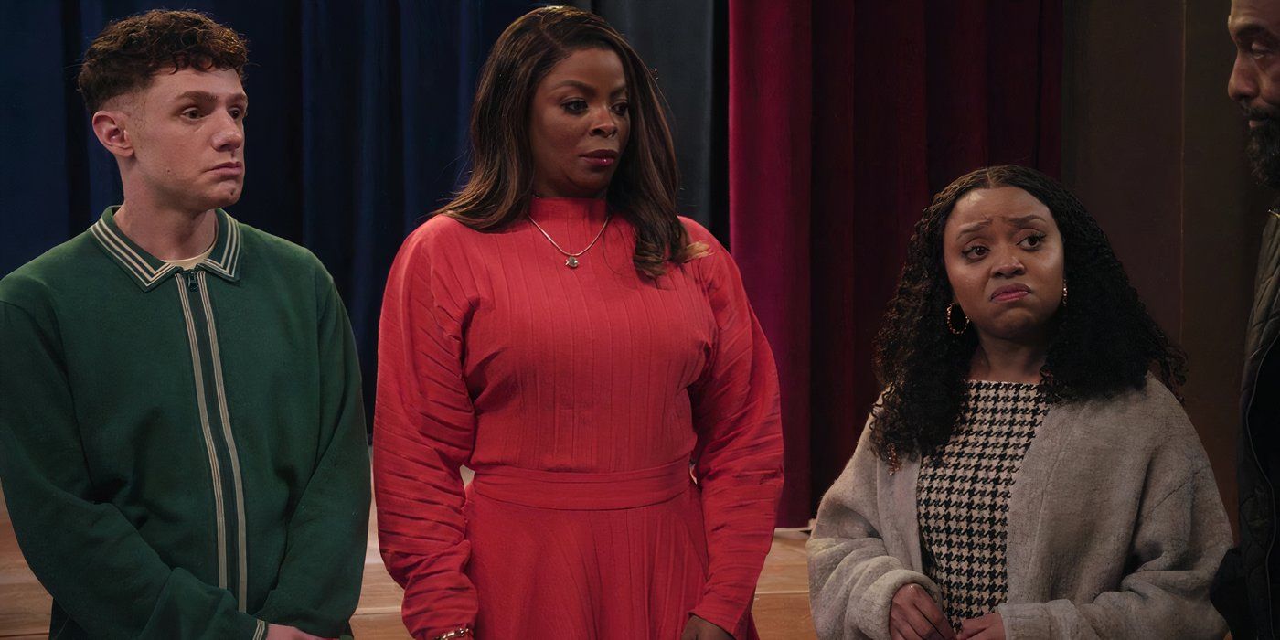 Jacob Hill (Chris Perfetti), Ava Coleman (Janelle James) and Janine Teaches (Quinta Brunson), all looking concerned with season 3 of Abbott Elementary, episode 6, "Willard R. Abbott"