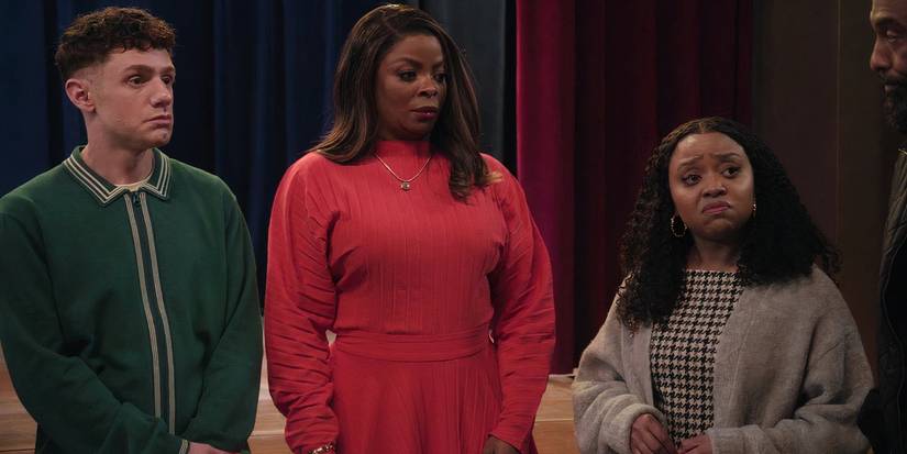 Jacob Hill (Chris Perfetti), Ava Coleman (Janelle James), & Janine Teagues (Quinta Brunson) all looking concerned In Abbott Elementary Season 3, Episode 6, "Willard R. Abbott"