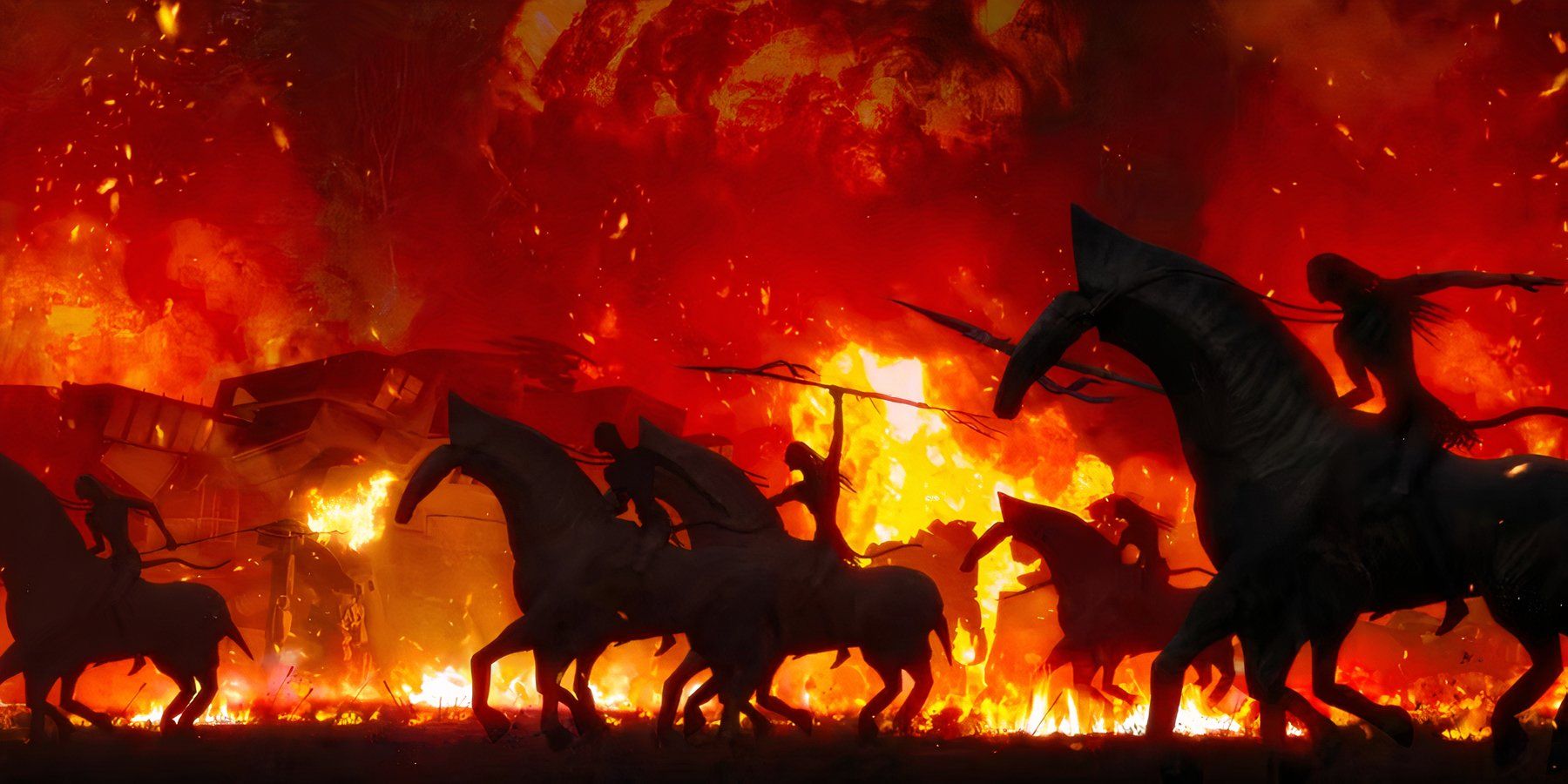 A group of Na'vi people on horses, running through a battleground completely on fire. 