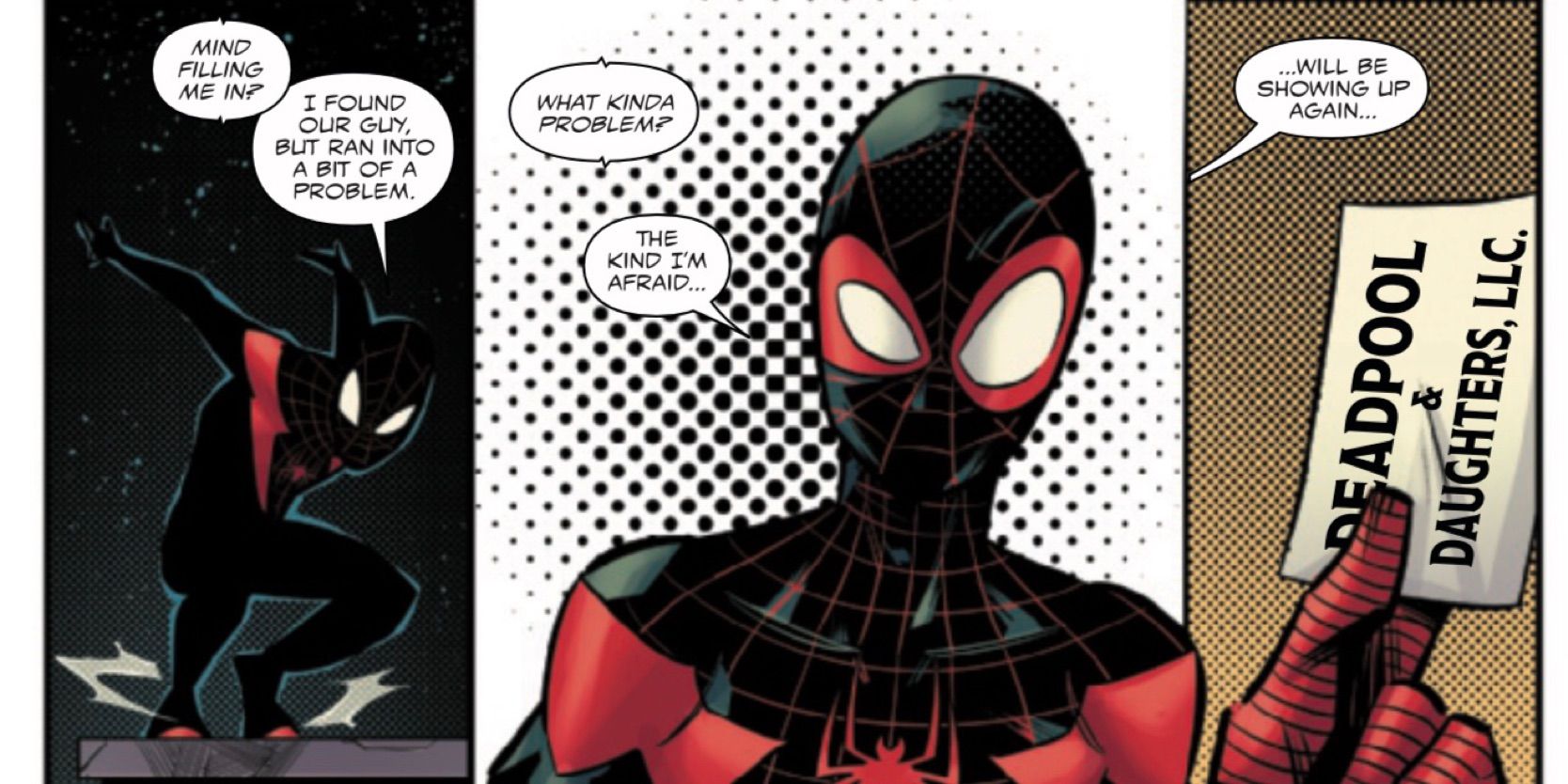 Miles Morales: Spider-Man #25: Family Bitniz de Ziglar e Sabbatini - Miles tem o novo cartão de visita do Deadpool