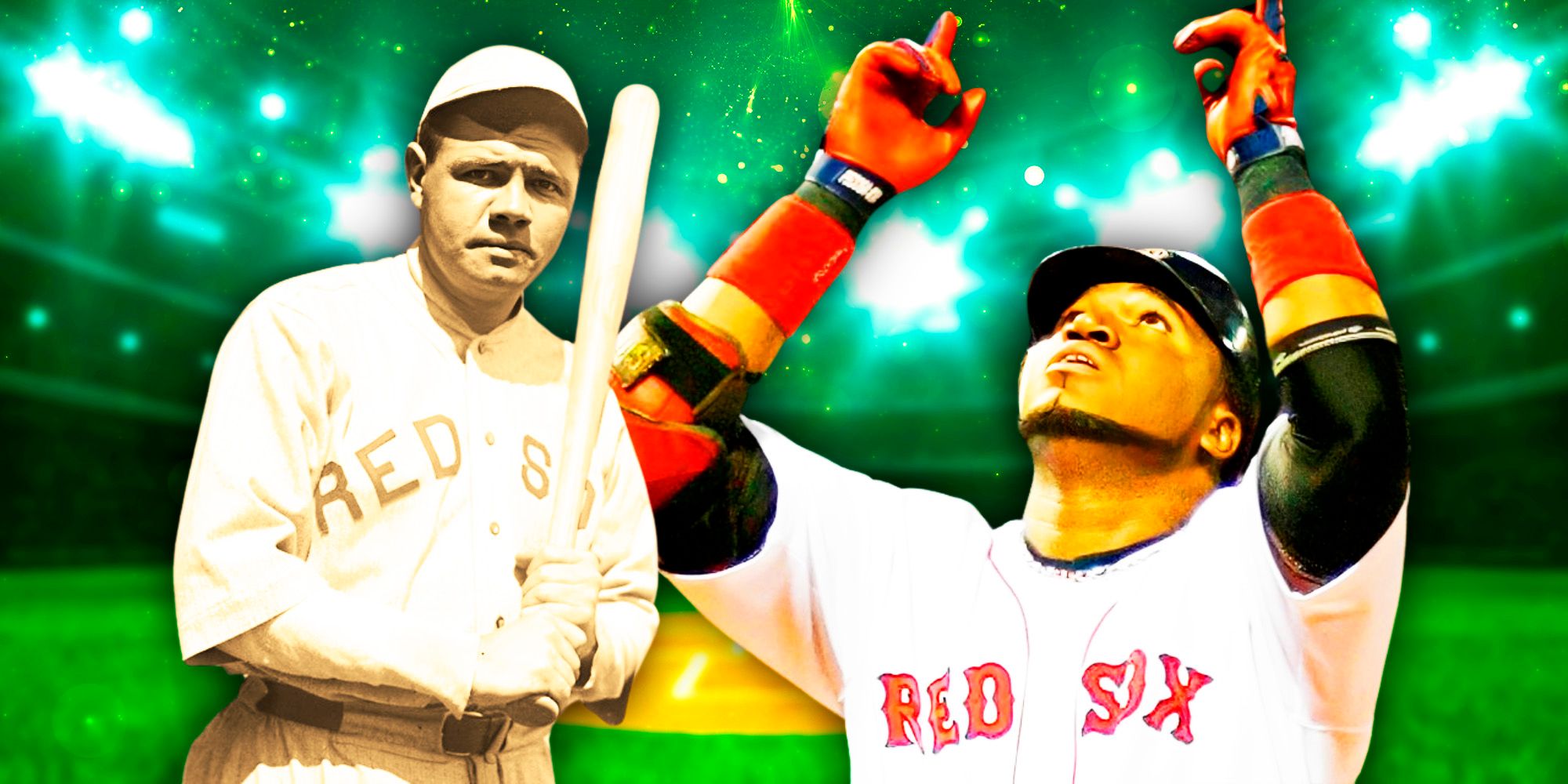 Babe Ruth from The Comeback to the left holding a baseball bat and David Ortiz from The Comeback to the right in a combined image in front of a green background of a baseball field