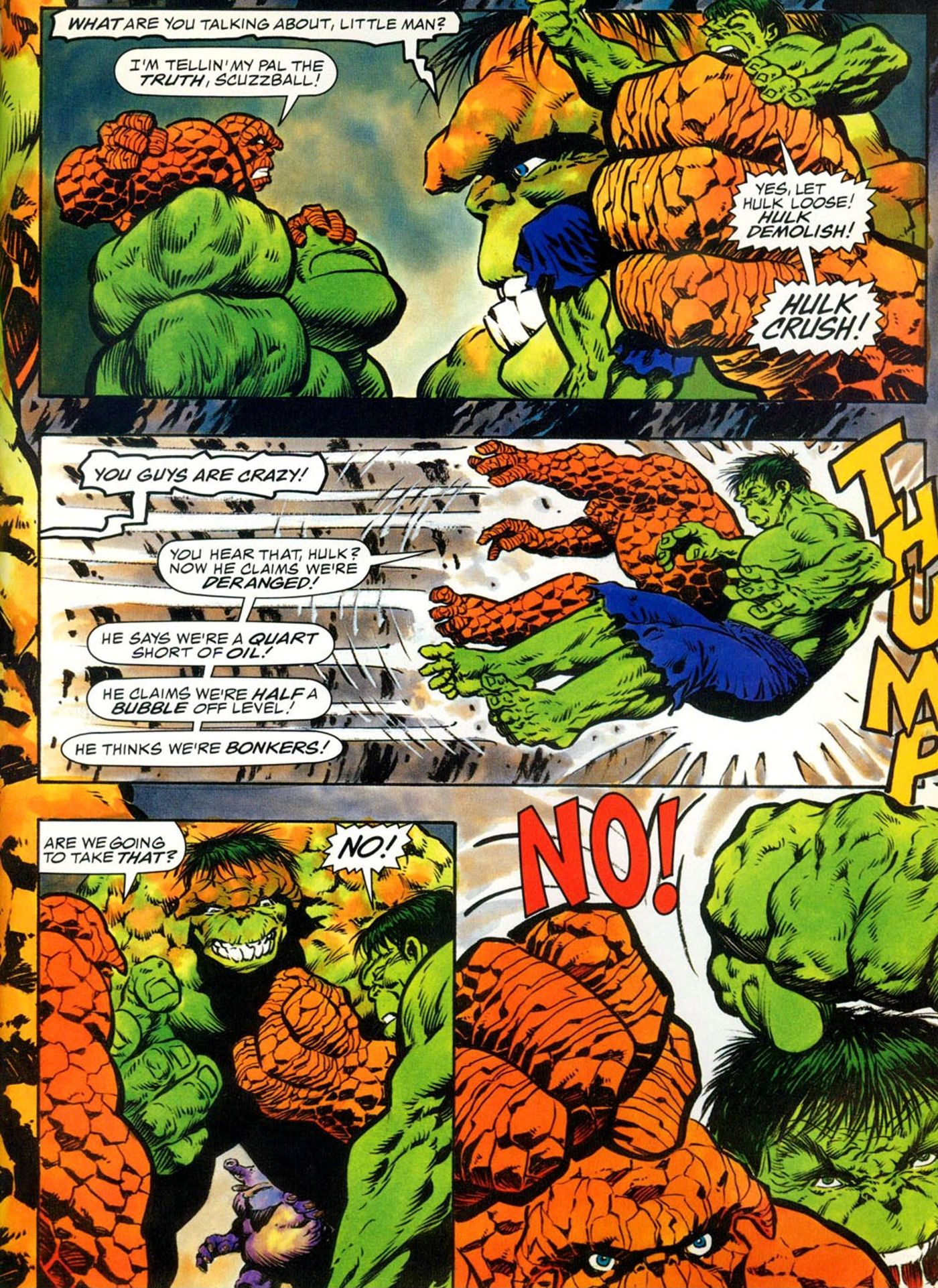 Comic Page: Banger McCrusher throws the Thing and the Hulk into a wall.