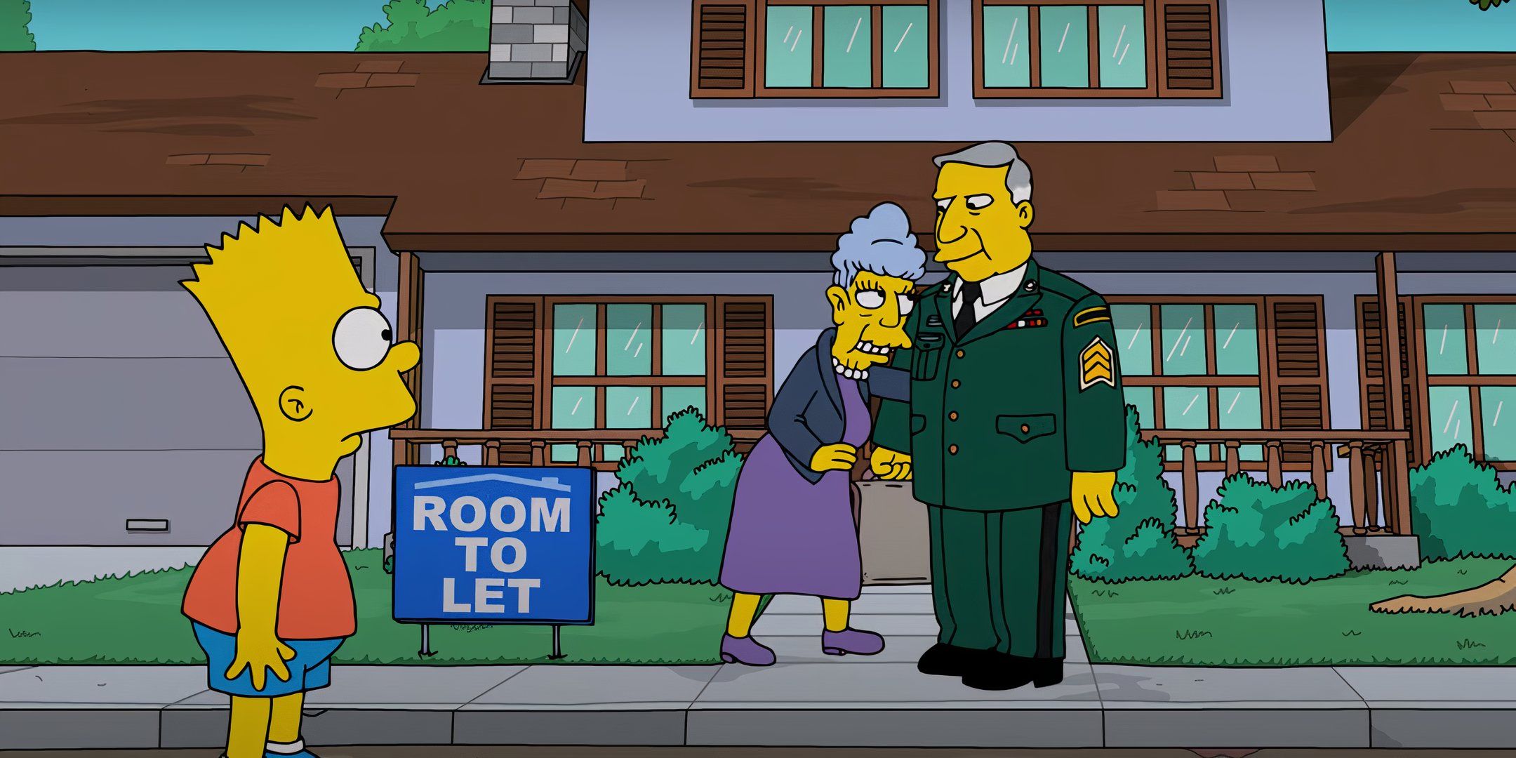 Bart olhando para os verdadeiros Seymour Skinner e Agnes Skinner na frente de uma casa no episódio 1 da 36ª temporada dos Simpsons