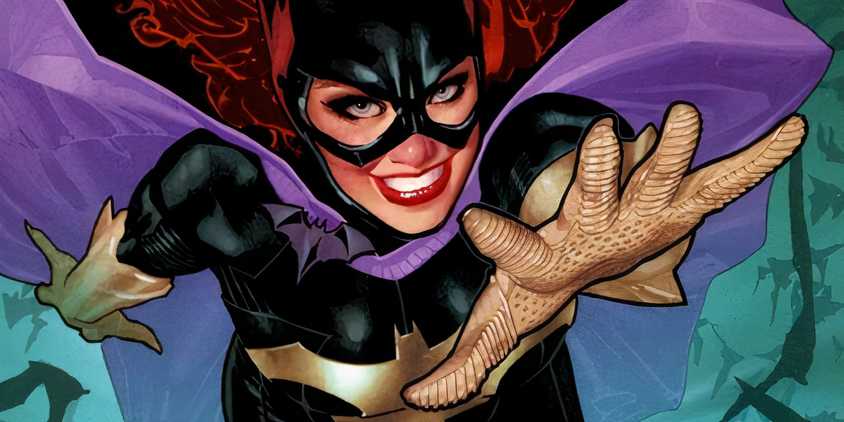Comic book art: Batgirl Barbara Gordon from the New 52 leaps forward while smiling.