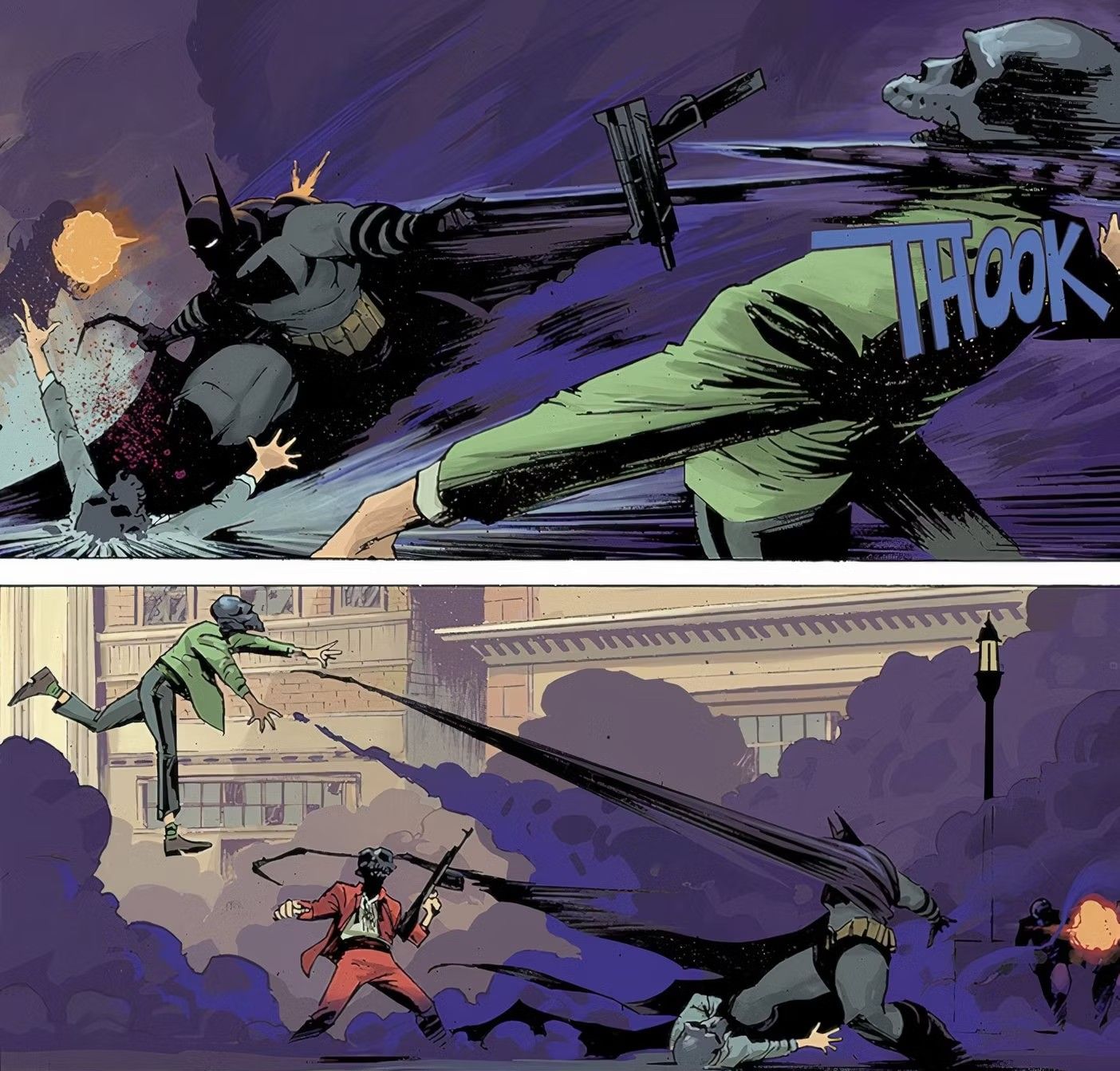 Panel de bande dessinée : Batman utilise sa cape comme fouet ou lasso, renversant un membre d'un gang avec son pistolet.