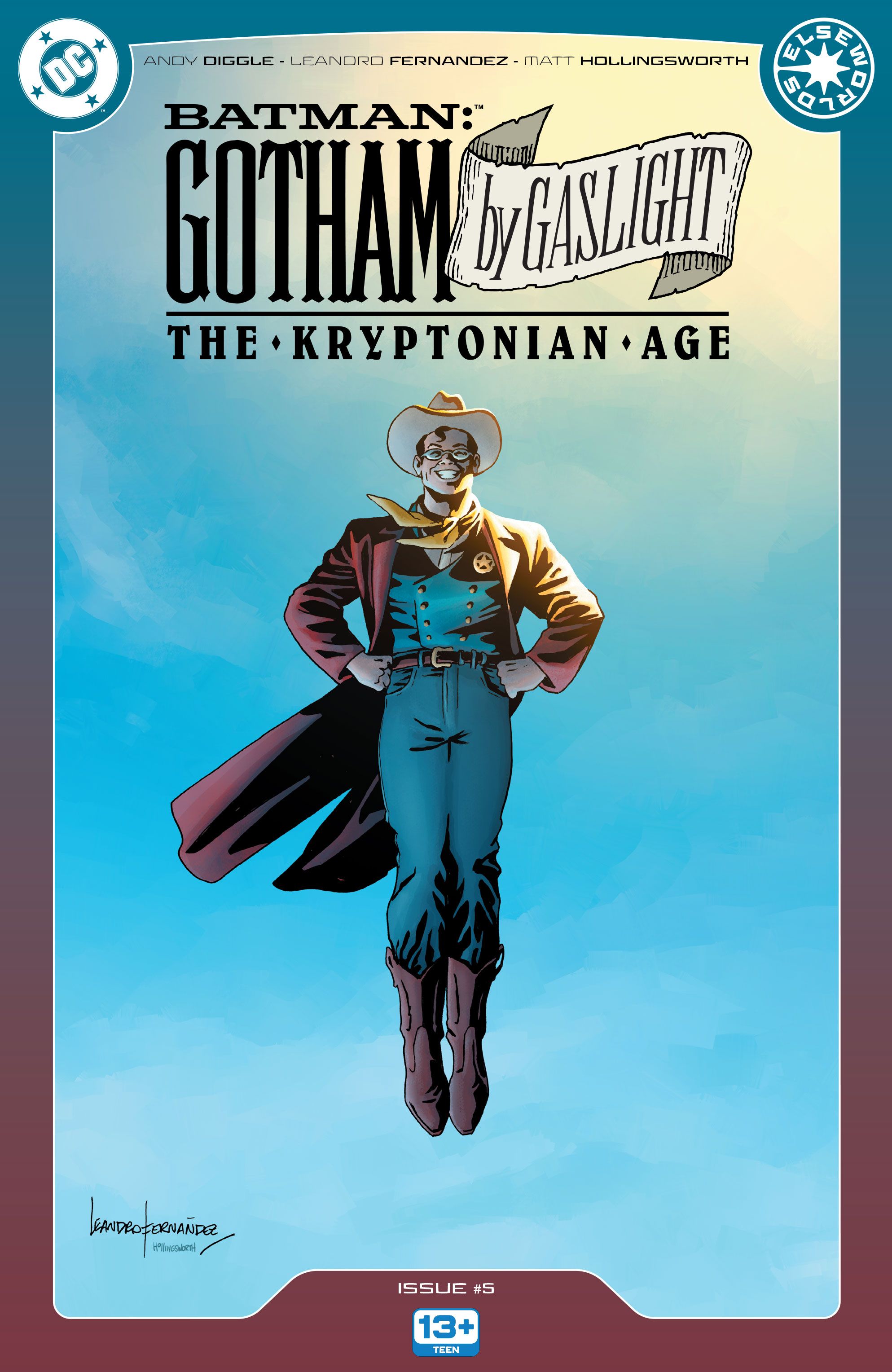 La portada de Gotham by Gaslight #5 presenta al vaquero Superman sonriendo y posando contra un cielo azul y sin nubes.